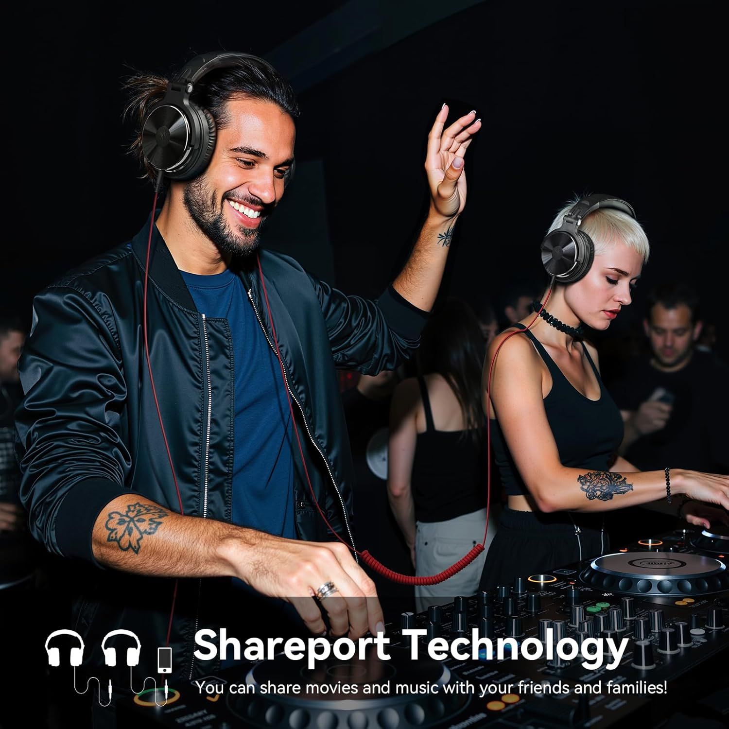 Communicates that the headphones allow users to share audio content with friends and family, emphasizing the social connectivity feature.