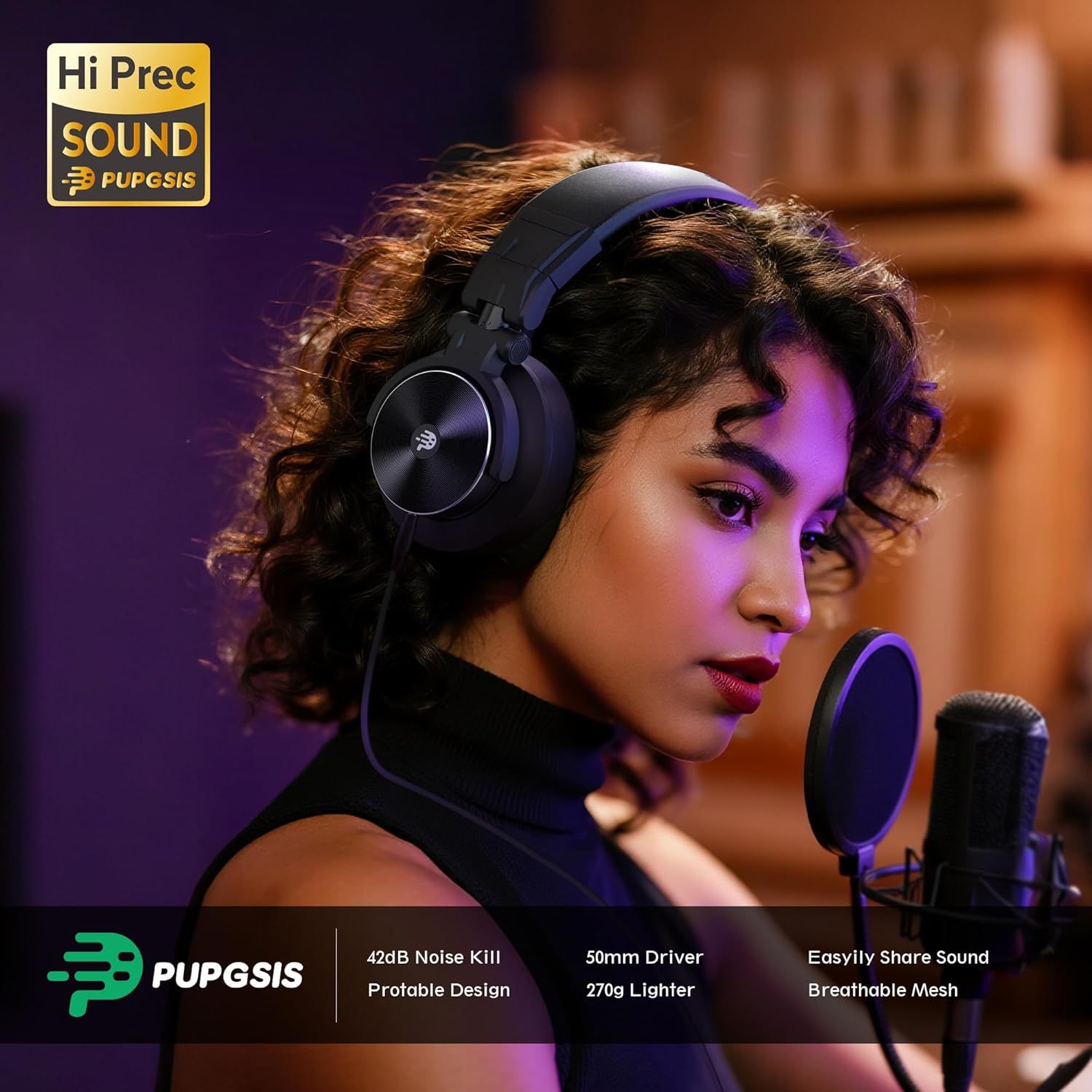 Showcases multiple key features of the headphones including noise cancellation, portability, driver size, lightweight design, sound sharing capability, and comfort to demonstrate the product's…