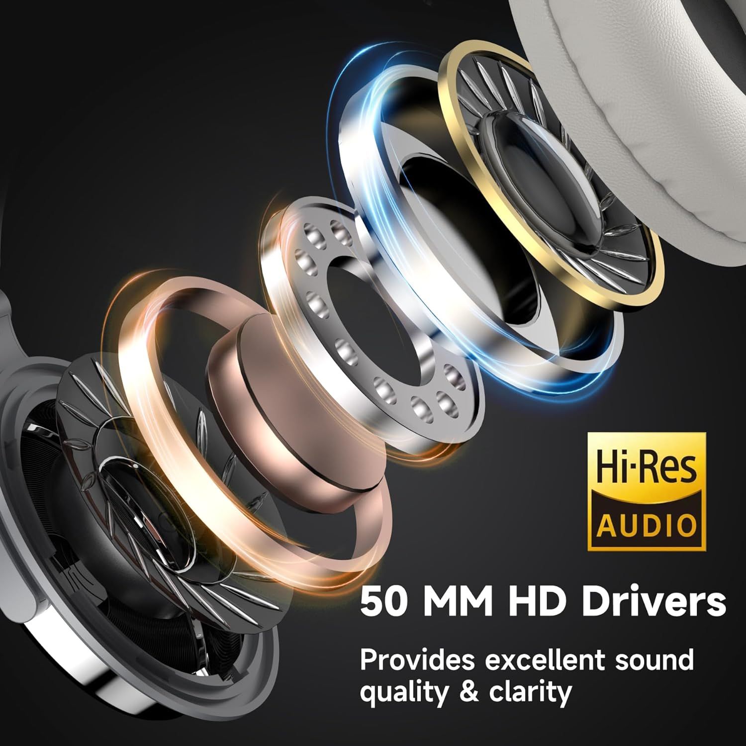 This image breaks down the internal components of the headphone speaker to showcase the 50mm HD drivers and Hi-Res Audio certification, reassuring shoppers of superior sound quality and clarity.