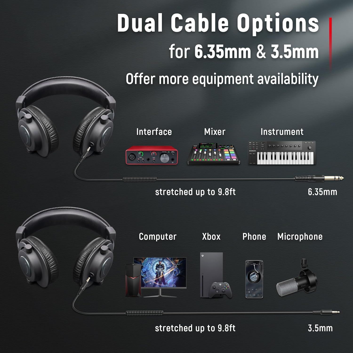 Demonstrates the headphones' compatibility with multiple devices and equipment types through dual cable options, reassuring shoppers that the product works with their existing audio gear. Shows the…