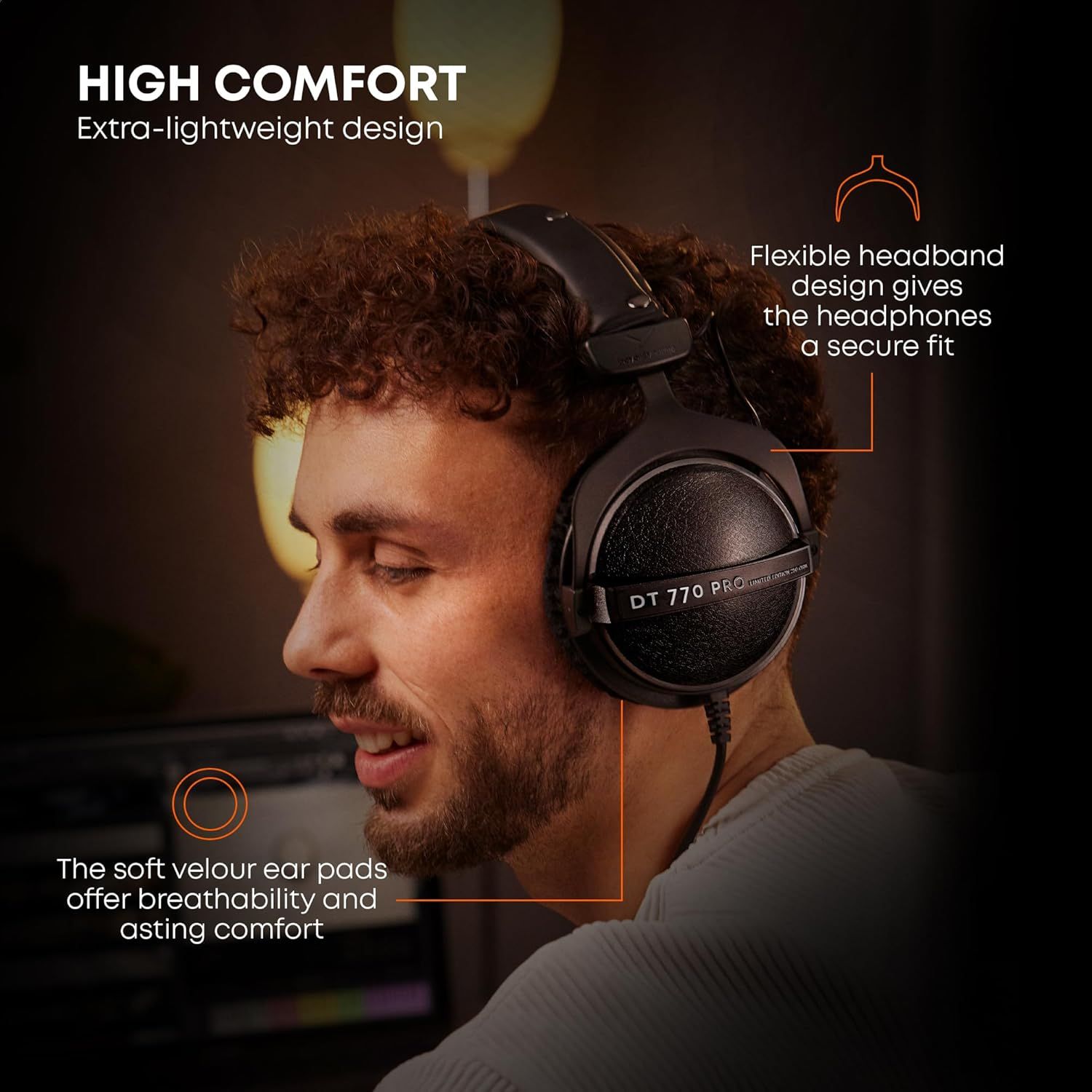 Communicates multiple comfort-related features of the headphones including lightweight construction, secure flexible fit, and breathable soft ear pads to reassure shoppers about long-term wearing…