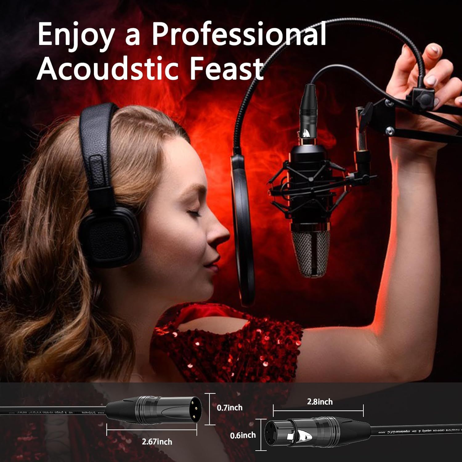 Communicates the professional-grade acoustic performance of the microphone to reassure shoppers they will get studio-quality sound. Shows the exact physical dimensions of the microphone connector to…
