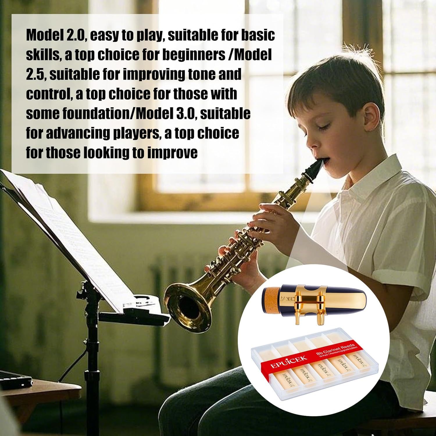 Guides shoppers through selecting the right clarinet reed model based on their skill level, from beginners (Model 2.0) to advancing players (Model 3.0).