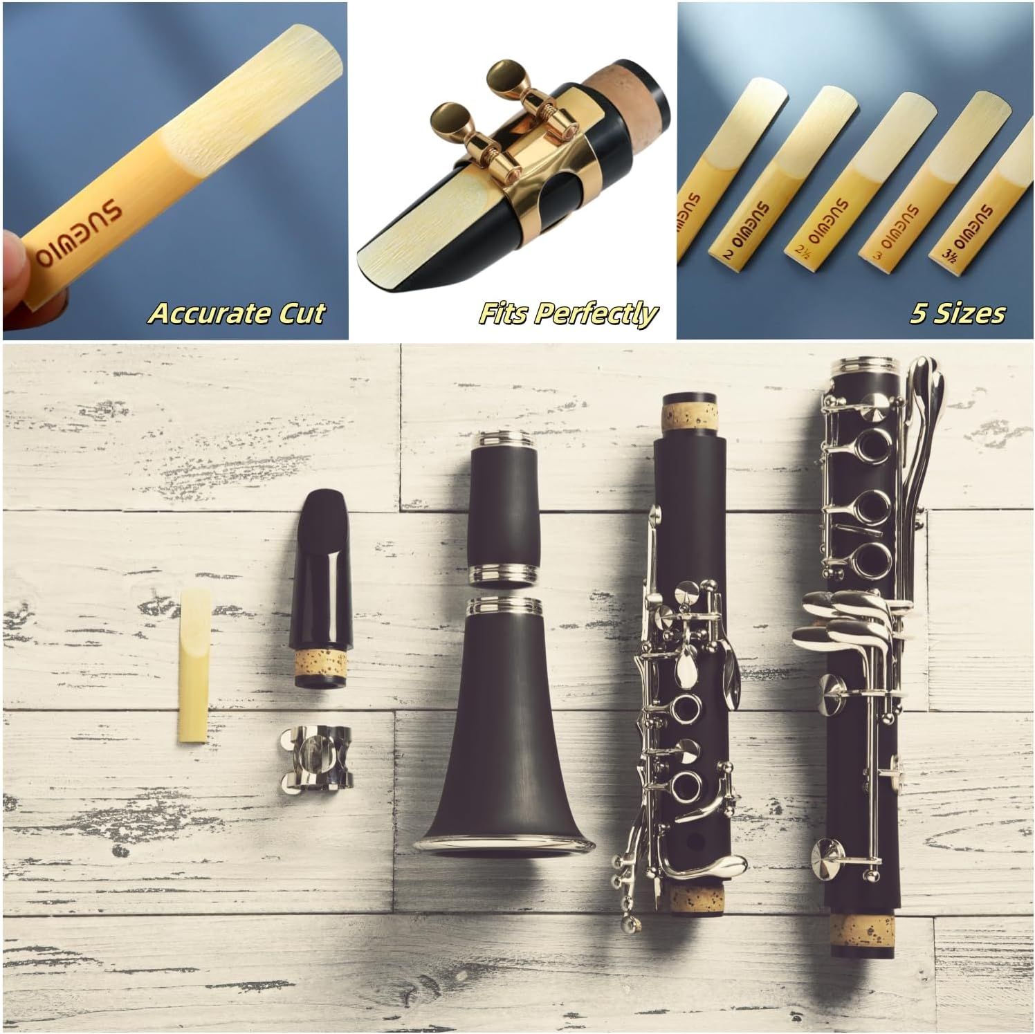 Showcases three key benefits of the clarinet reeds: precision cutting, perfect compatibility with mouthpieces, and availability in 5 different sizes to meet various player needs.
