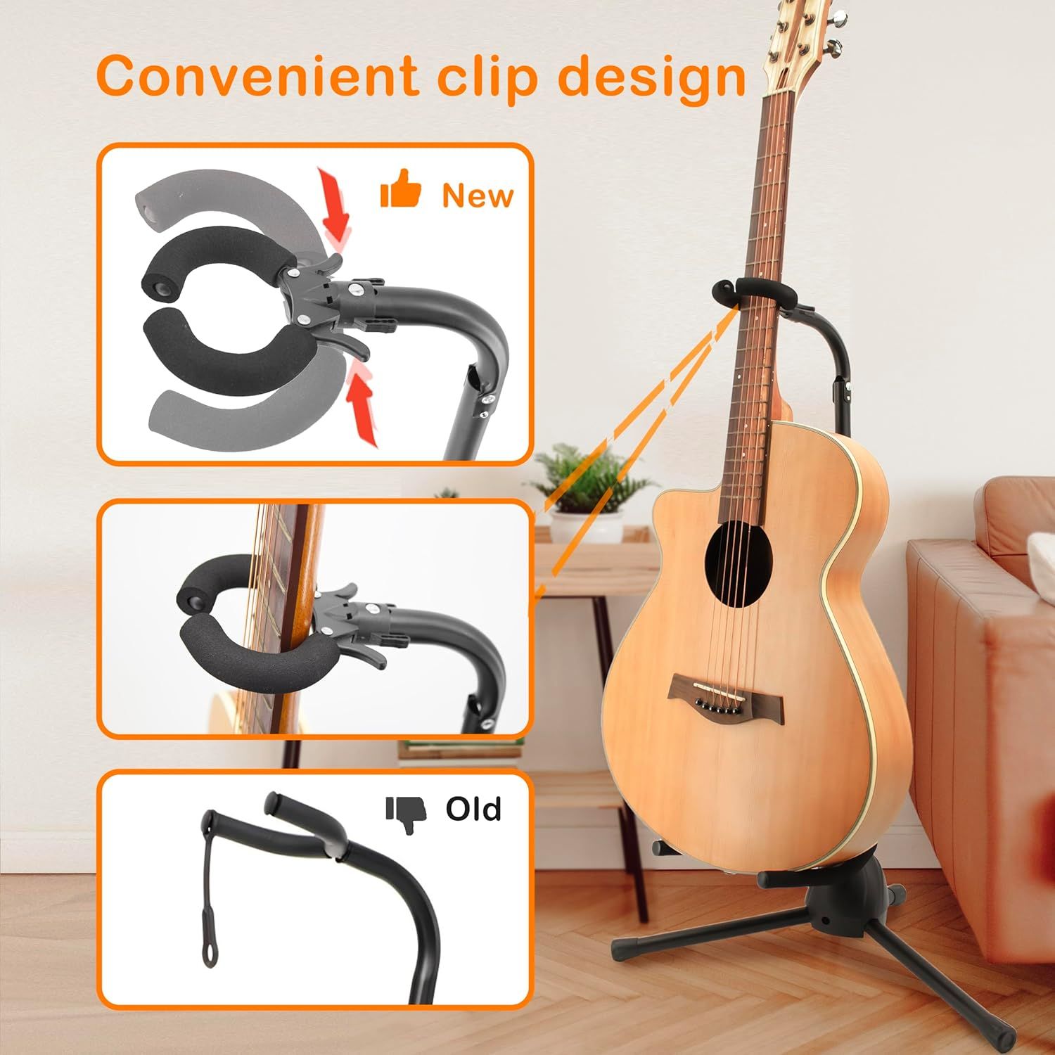 Demonstrates the superiority of the new clip design over the old strap mechanism, showing how the improved clipping system makes the guitar stand easier and more convenient to use.