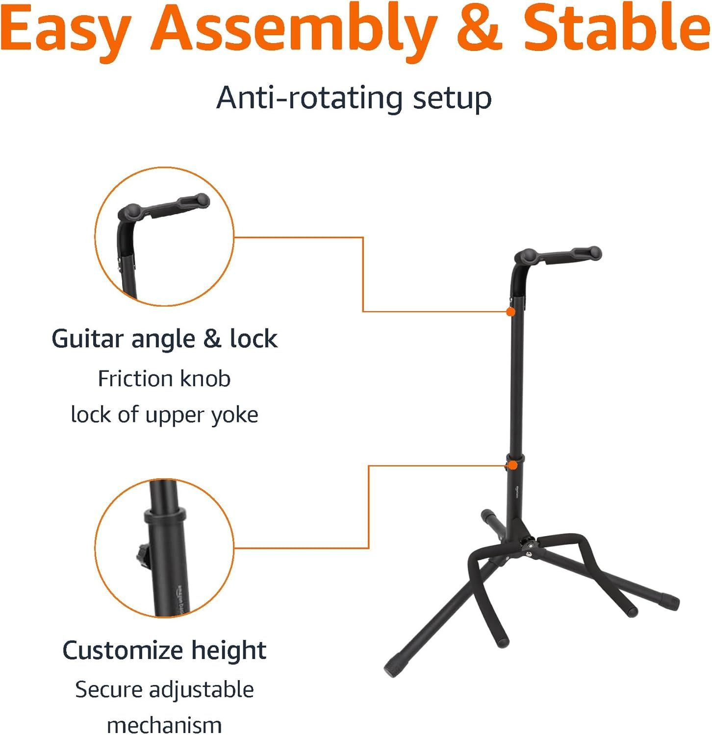 This image breaks down the guitar stand by highlighting specific functional components such as the anti-rotating setup, guitar angle lock mechanism, and height adjustment feature to help shoppers…