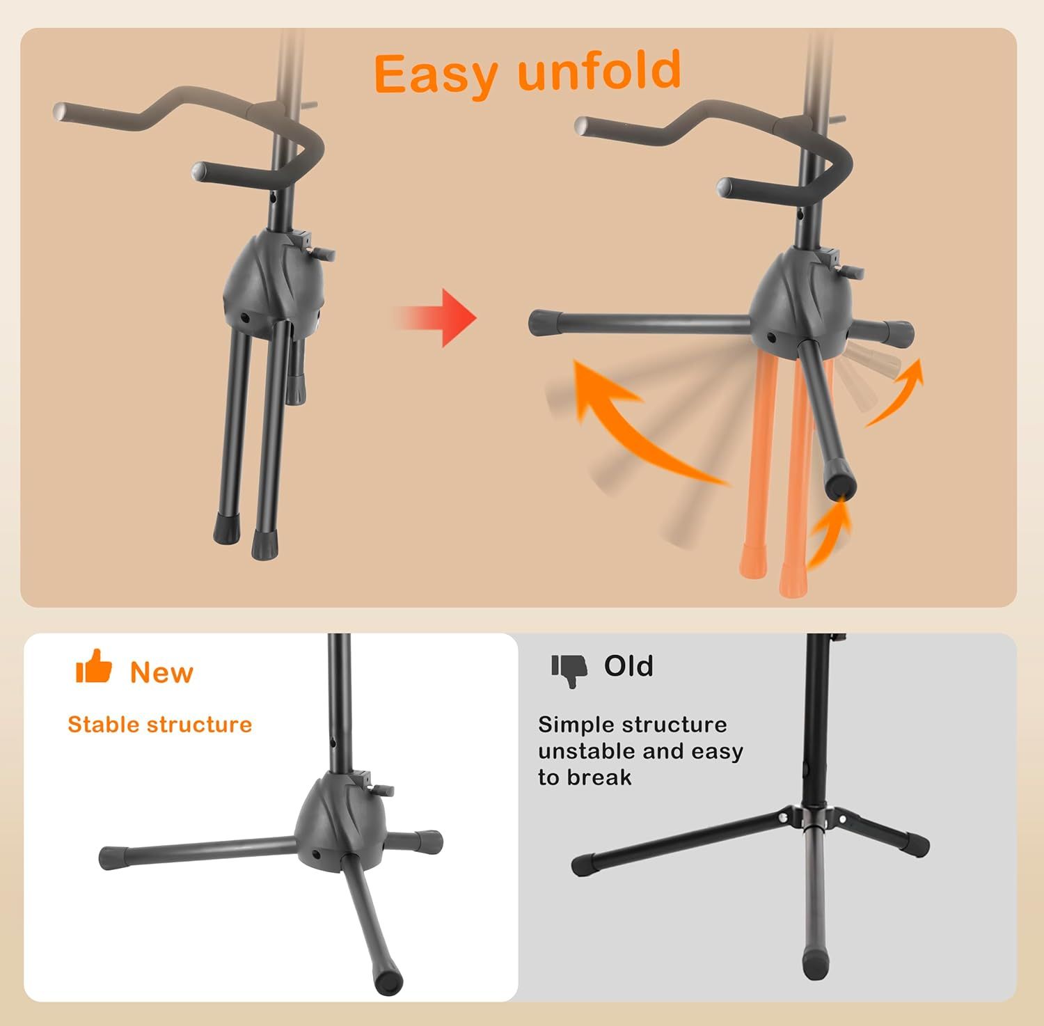 Demonstrates the product's easy unfolding mechanism and compares the new stable structure design to an older unstable version, reassuring shoppers of improved durability and convenience. Compares…