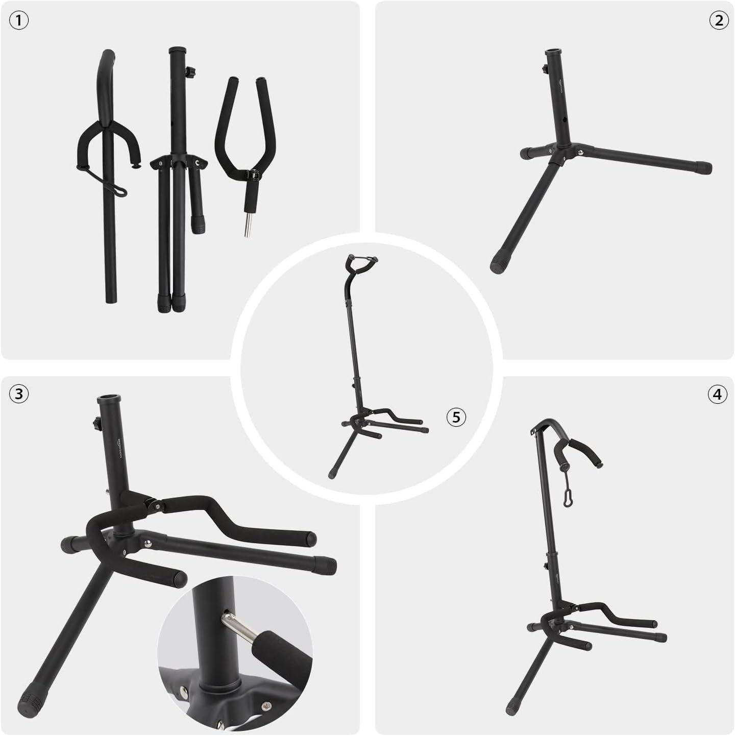 This image breaks down the guitar stand by showing its various components and angles, helping shoppers understand its structure, folding mechanism, and how different parts work together.