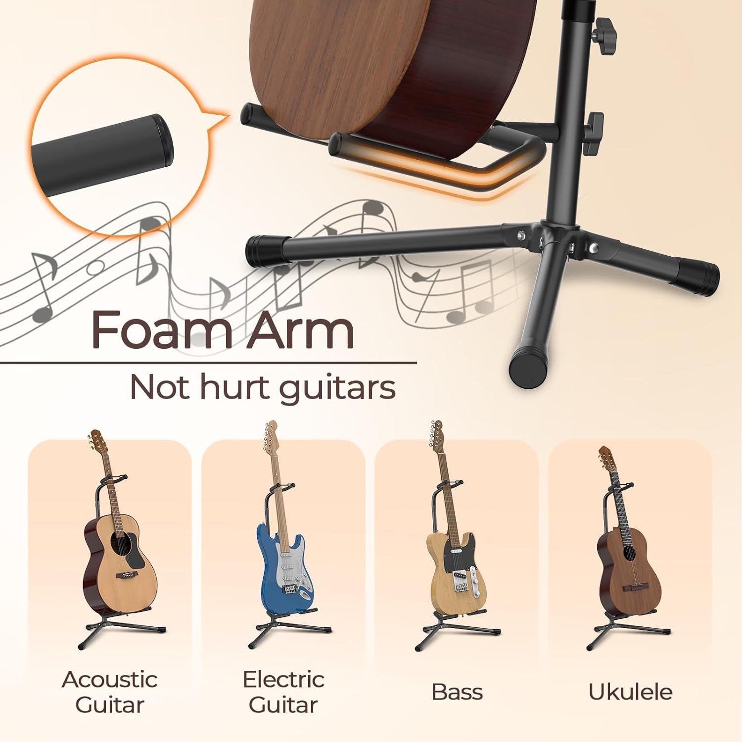 Highlights the foam arm feature that protects guitars from scratches or damage, reassuring musicians that the stand is safe for their instruments. Demonstrates that the stand is compatible with…