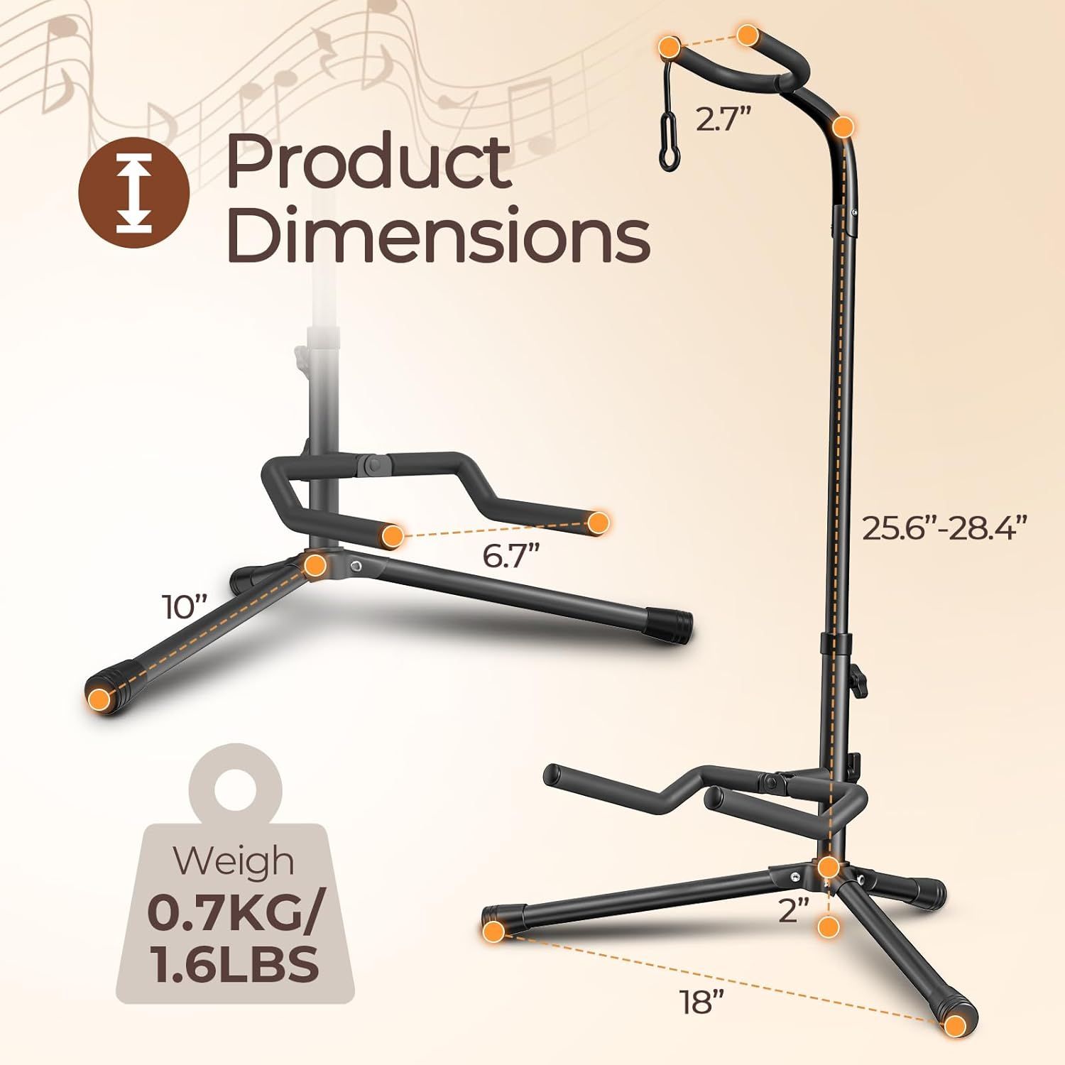 Provides detailed measurements of the guitar stand including height, width, base dimensions, and weight to help shoppers understand the exact size and portability of the product.