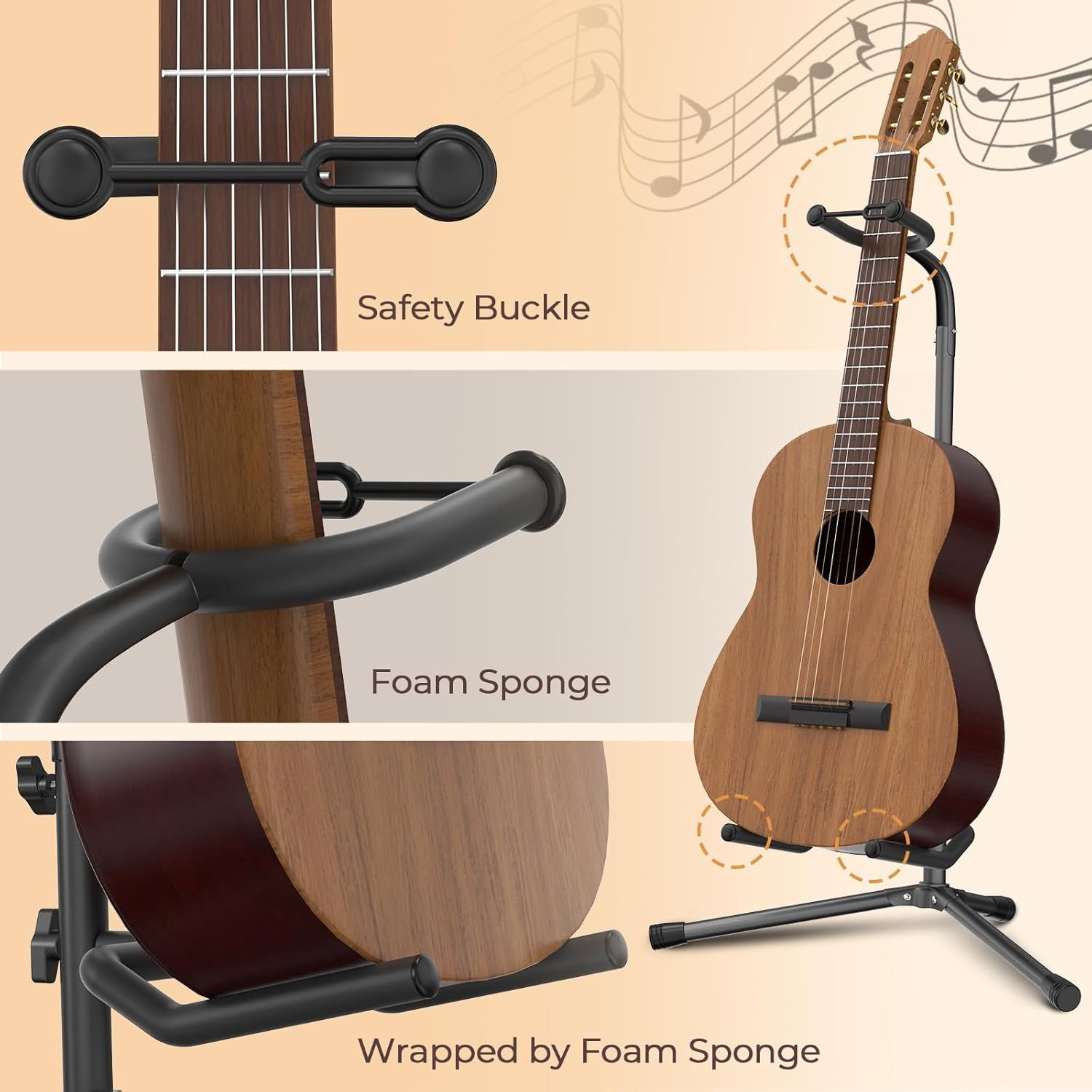 Highlights multiple protective features of the guitar stand including the safety buckle mechanism, foam sponge padding, and foam-wrapped contact points to reassure shoppers that their instrument…