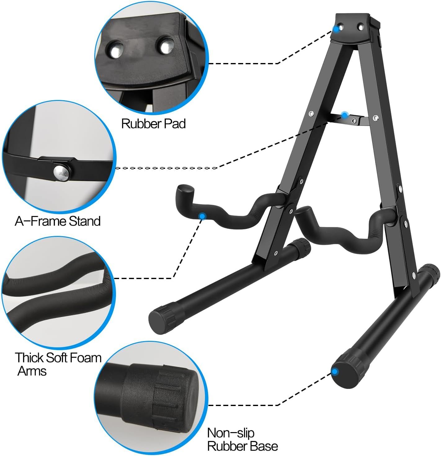 This image breaks down the guitar stand by highlighting its key structural and functional components to help shoppers understand the quality and protective features of the product.