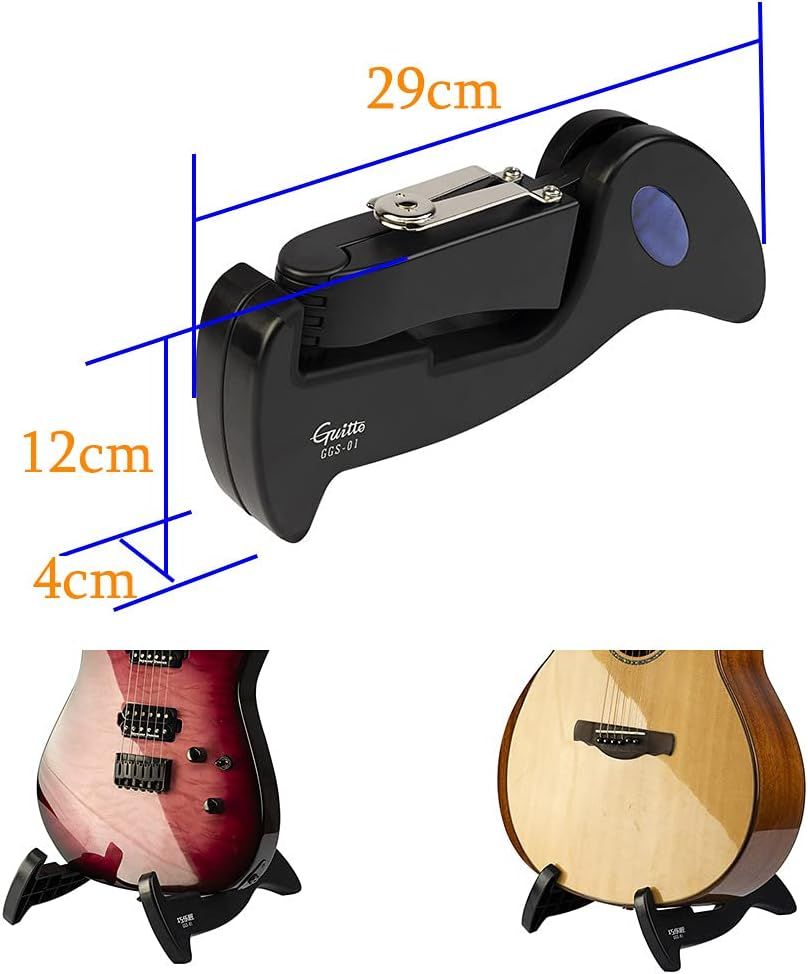 Communicates the exact physical dimensions of the guitar stand (29cm x 12cm x 4cm) to help shoppers understand its size and ensure it fits their space and instrument. Demonstrates the versatility of…