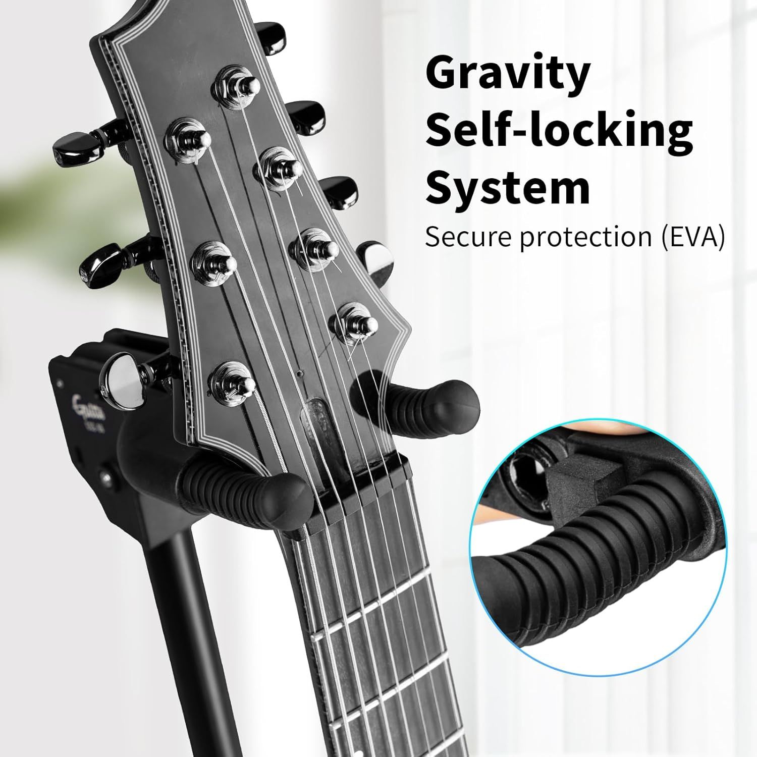 Highlights the gravity self-locking mechanism that provides secure protection for the guitar, reassuring customers about the safety and stability of the guitar stand.