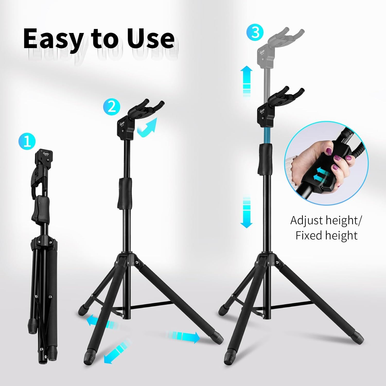 Demonstrates the simple 3-step process for setting up and adjusting the tripod stand, reassuring shoppers that the product is user-friendly and quick to assemble.