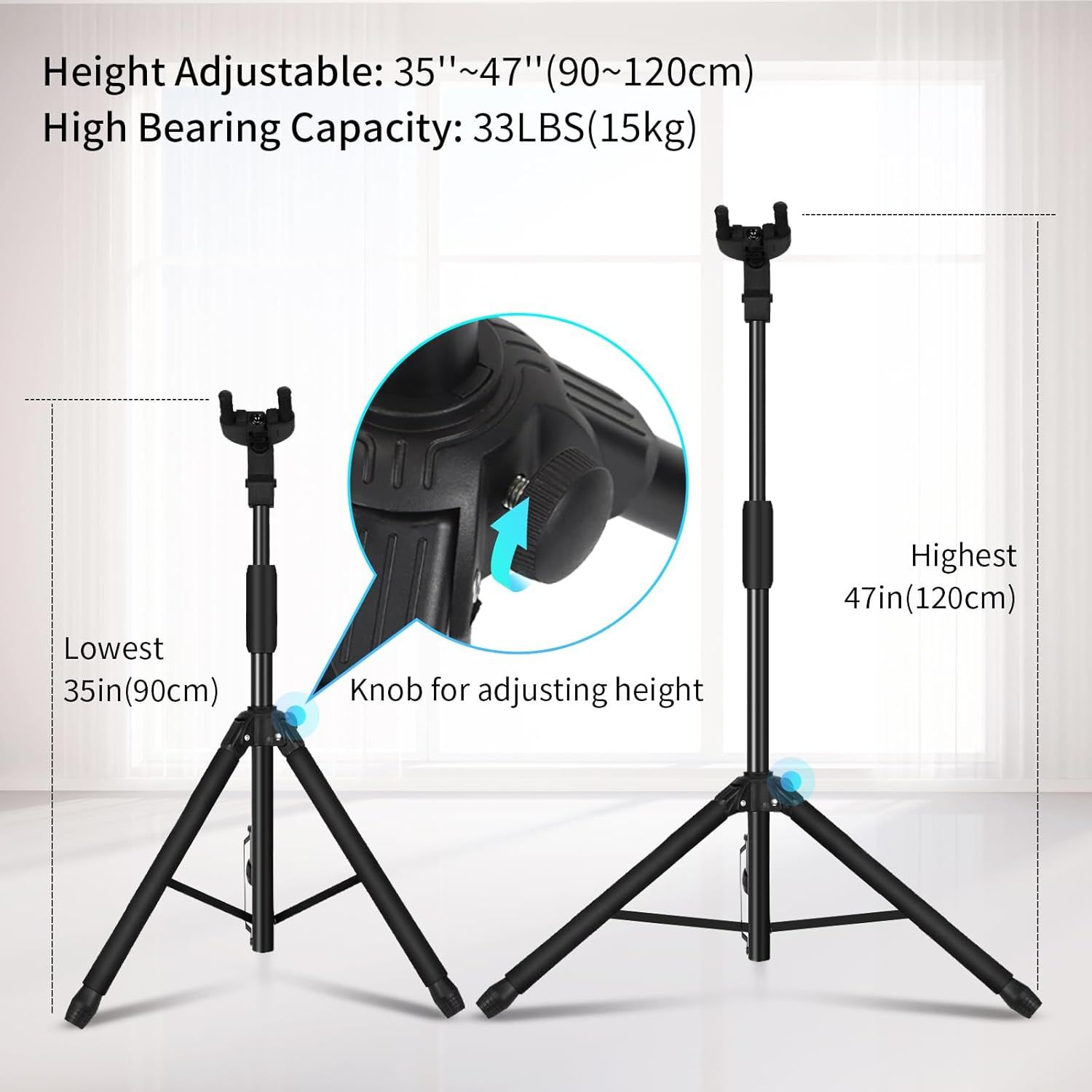 Communicates multiple key features of the tripod stand including its adjustable height range, weight capacity, and the mechanism for height adjustment to help shoppers understand its versatility and…