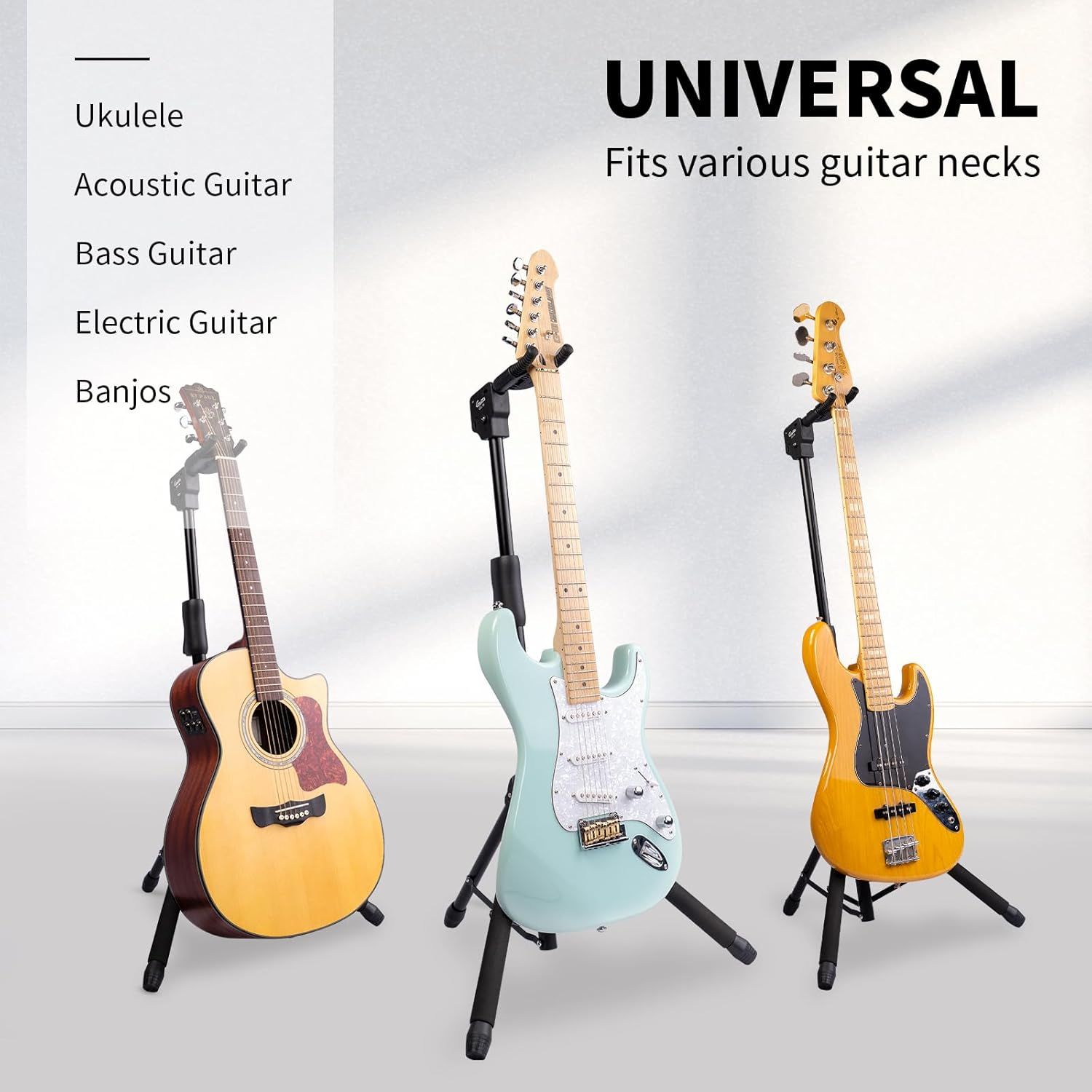 Demonstrates that the guitar stand product is compatible with multiple types of guitars including ukulele, acoustic, bass, electric guitars, and banjos, reassuring shoppers of its versatility.
