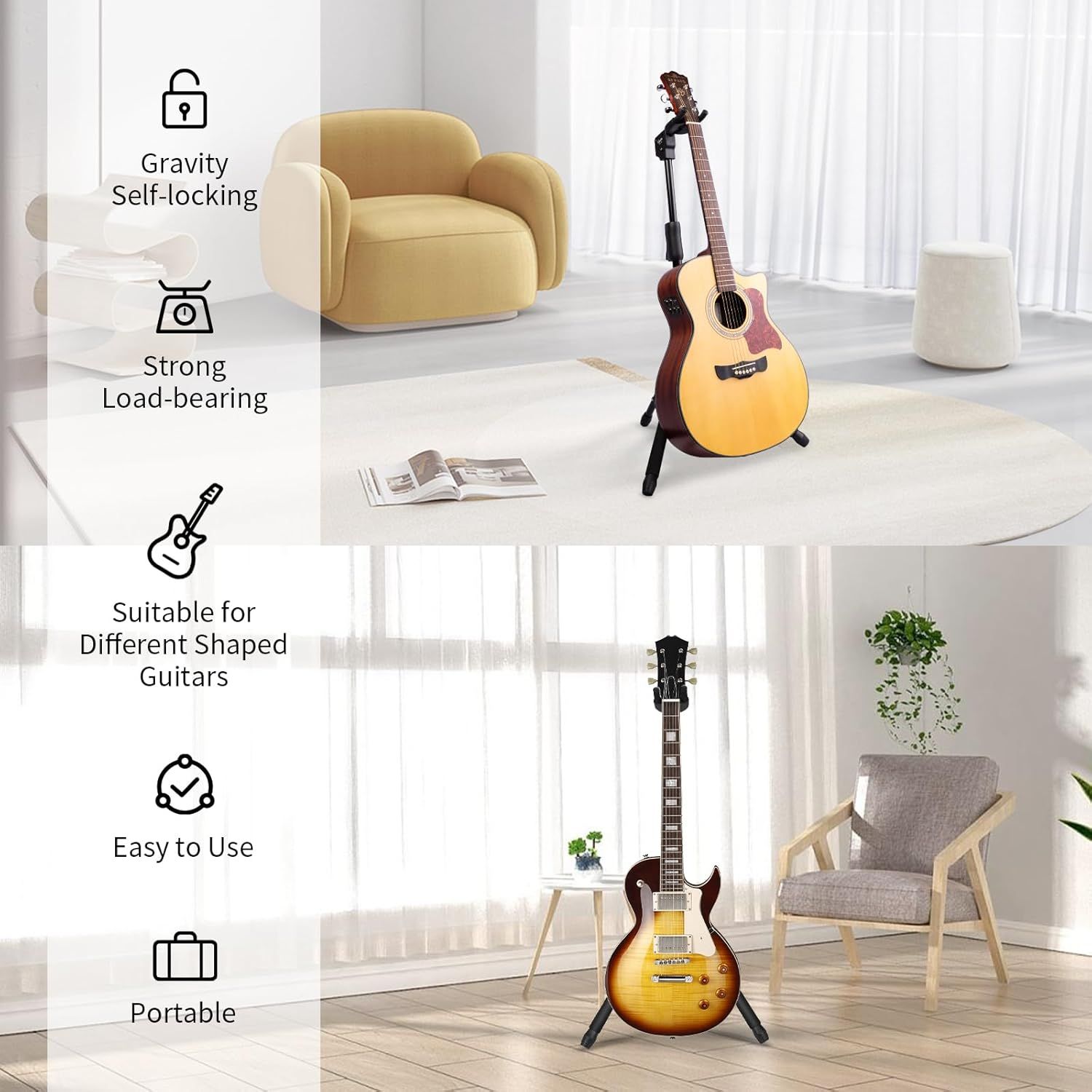 Showcases five key features of the guitar stand to demonstrate its versatility, stability, ease of use, and portability for potential buyers.