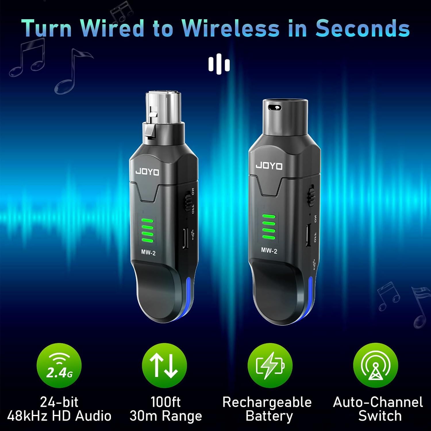 Showcases multiple key features of the wireless audio system including HD audio quality, transmission range, rechargeable battery, and auto-channel switching to demonstrate the product's…