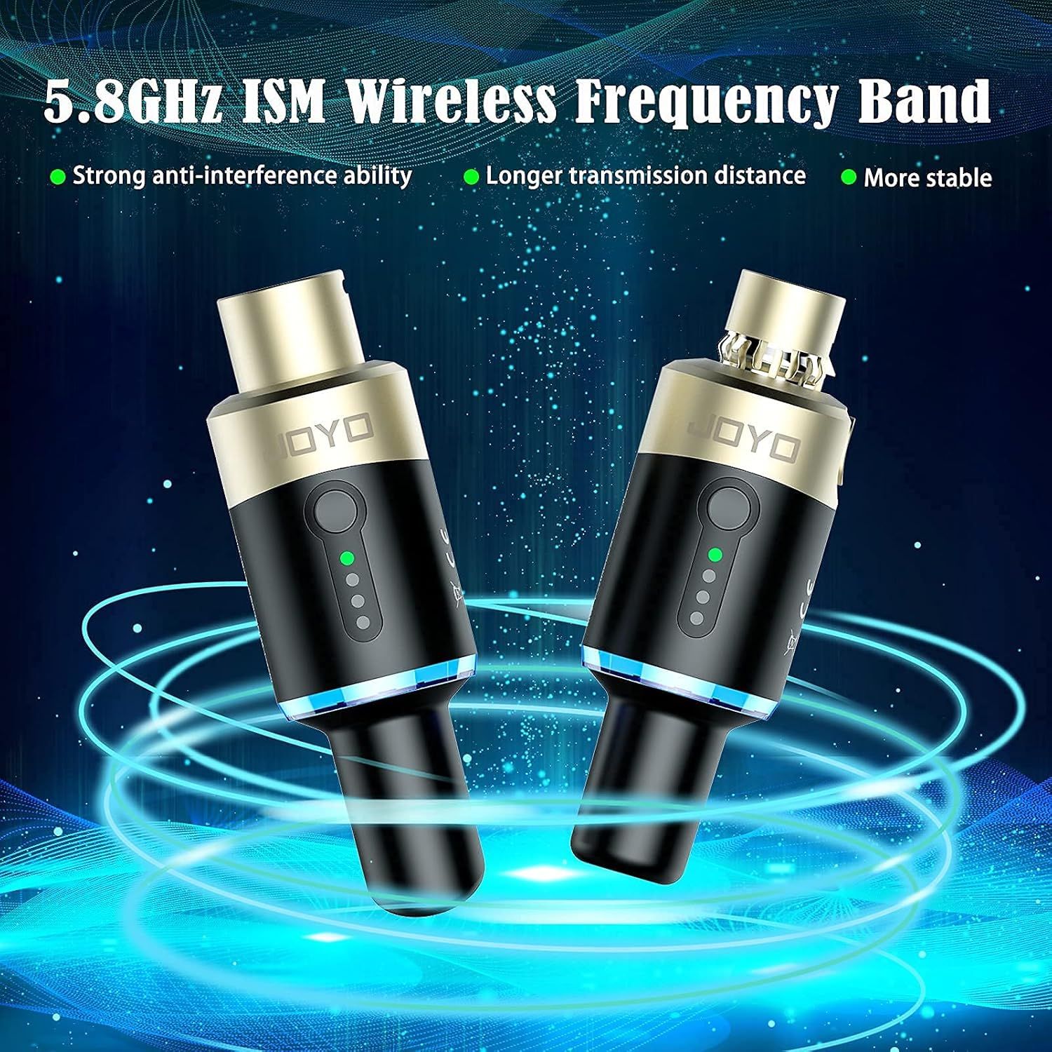 This image showcases multiple technical benefits of the wireless microphone system, emphasizing its 5.8GHz frequency band with three key advantages: anti-interference capability, extended…