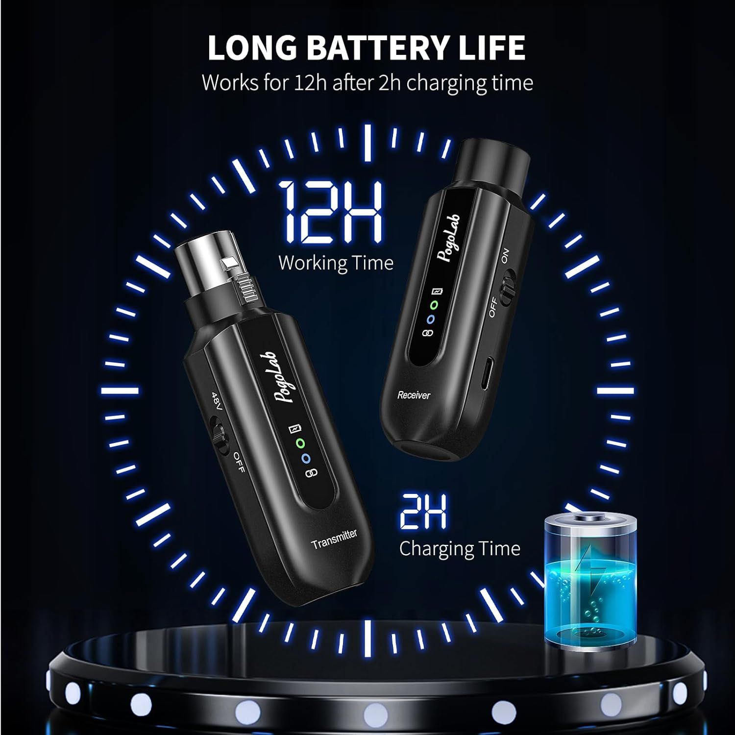 Communicates that the product offers 12 hours of working time after only 2 hours of charging, reassuring shoppers about extended battery performance.