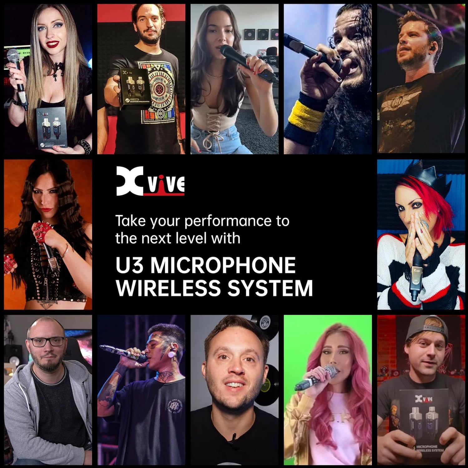 Demonstrates the wide range of performance scenarios and user types where the U3 wireless microphone system can be effectively used, from professional singers to content creators.