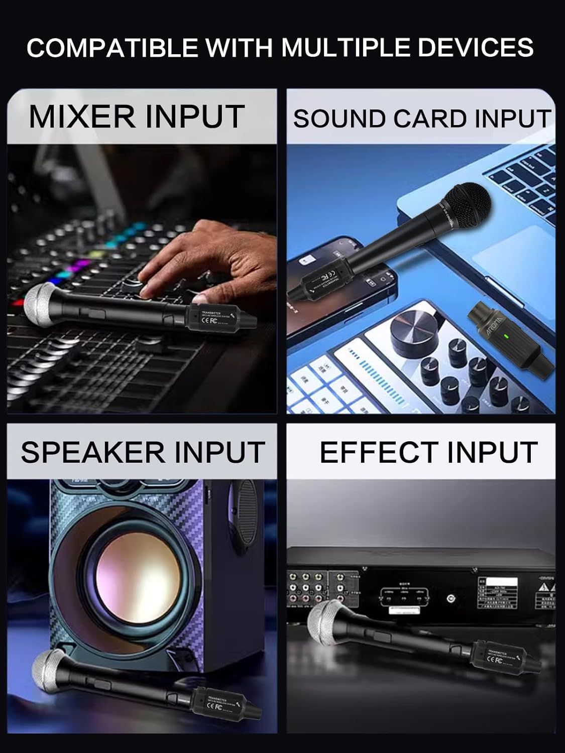 Demonstrates that the wireless microphone system is compatible with various audio devices including mixers, sound cards, speakers, and effect processors, reassuring shoppers of its versatility…