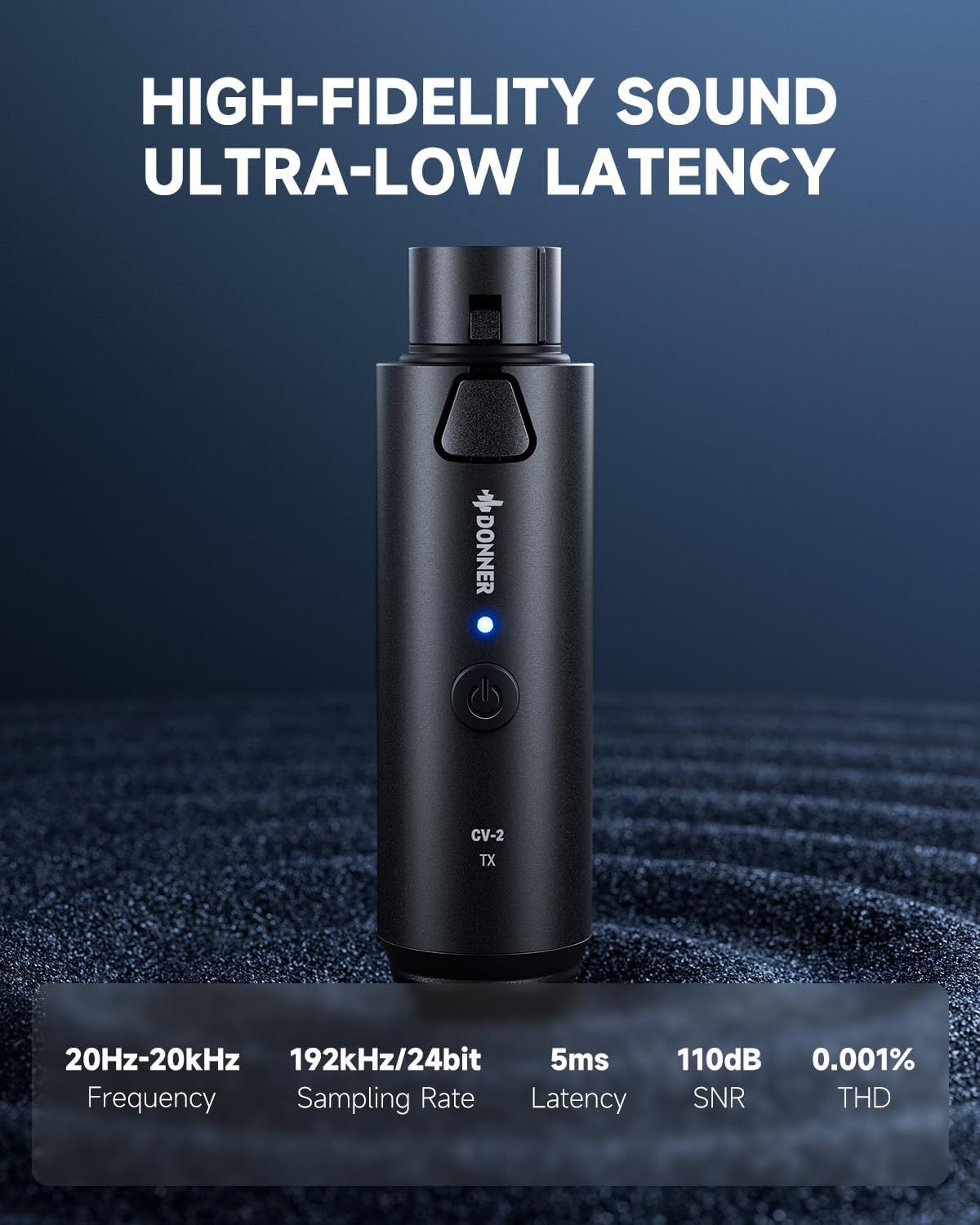 Communicates the technical audio performance specifications of the wireless transmitter, including frequency range, sampling rate, latency, SNR, and THD to reassure shoppers of professional-grade…