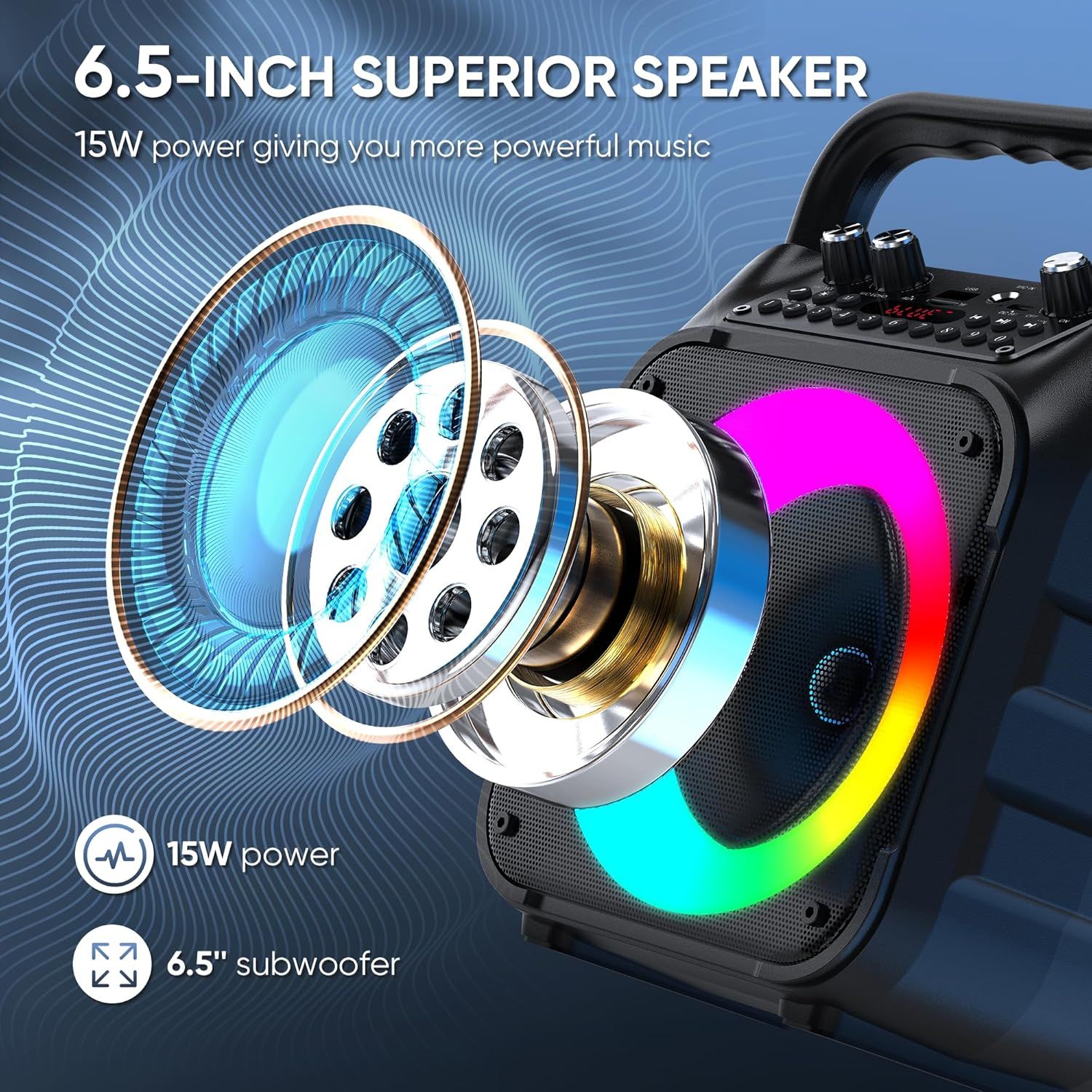 This image breaks down the internal speaker components to show the quality and engineering of the 6.5-inch superior speaker with 15W power, reassuring shoppers of powerful audio performance.
