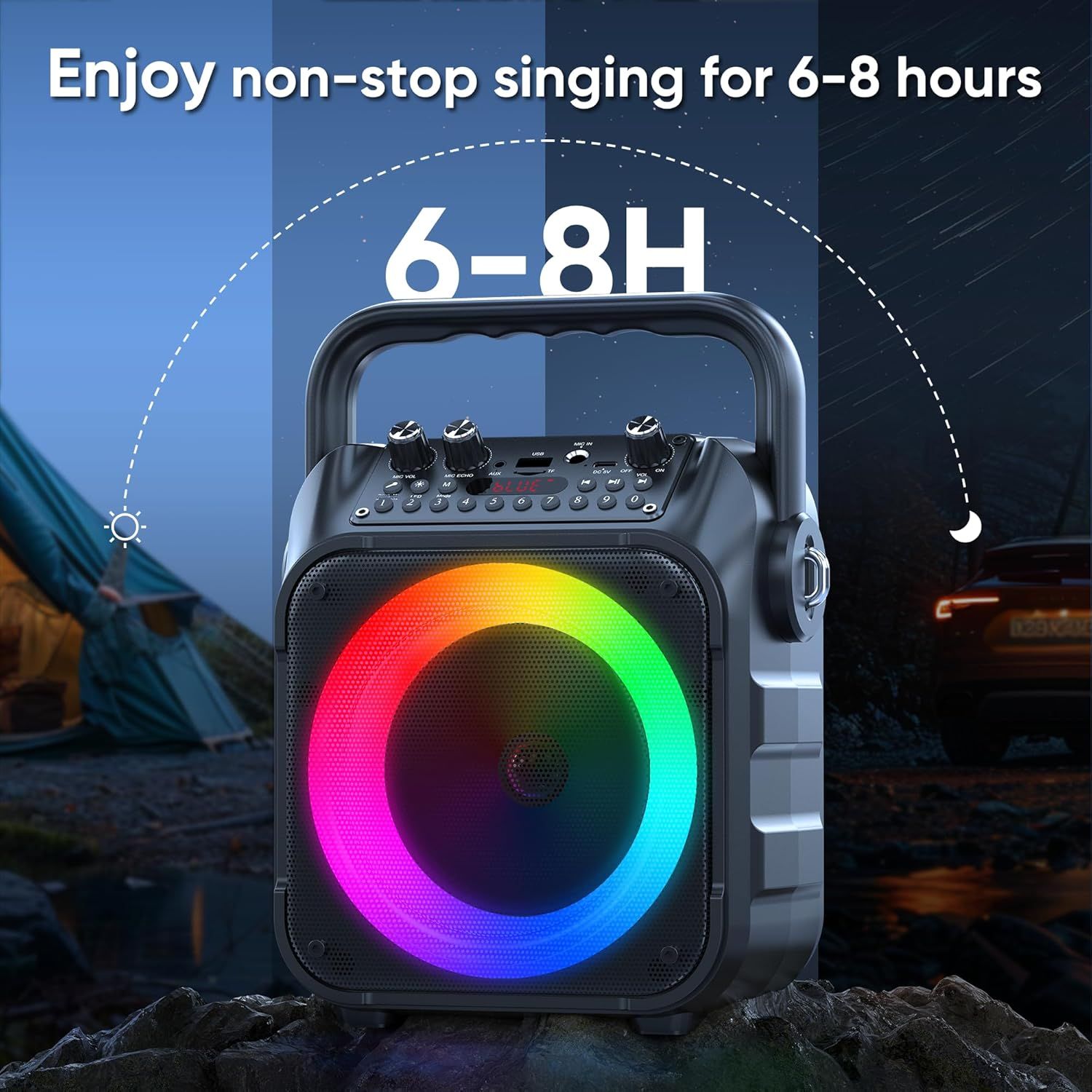 Communicates that the portable speaker provides 6-8 hours of continuous playtime, reassuring shoppers they can enjoy extended use without recharging.
