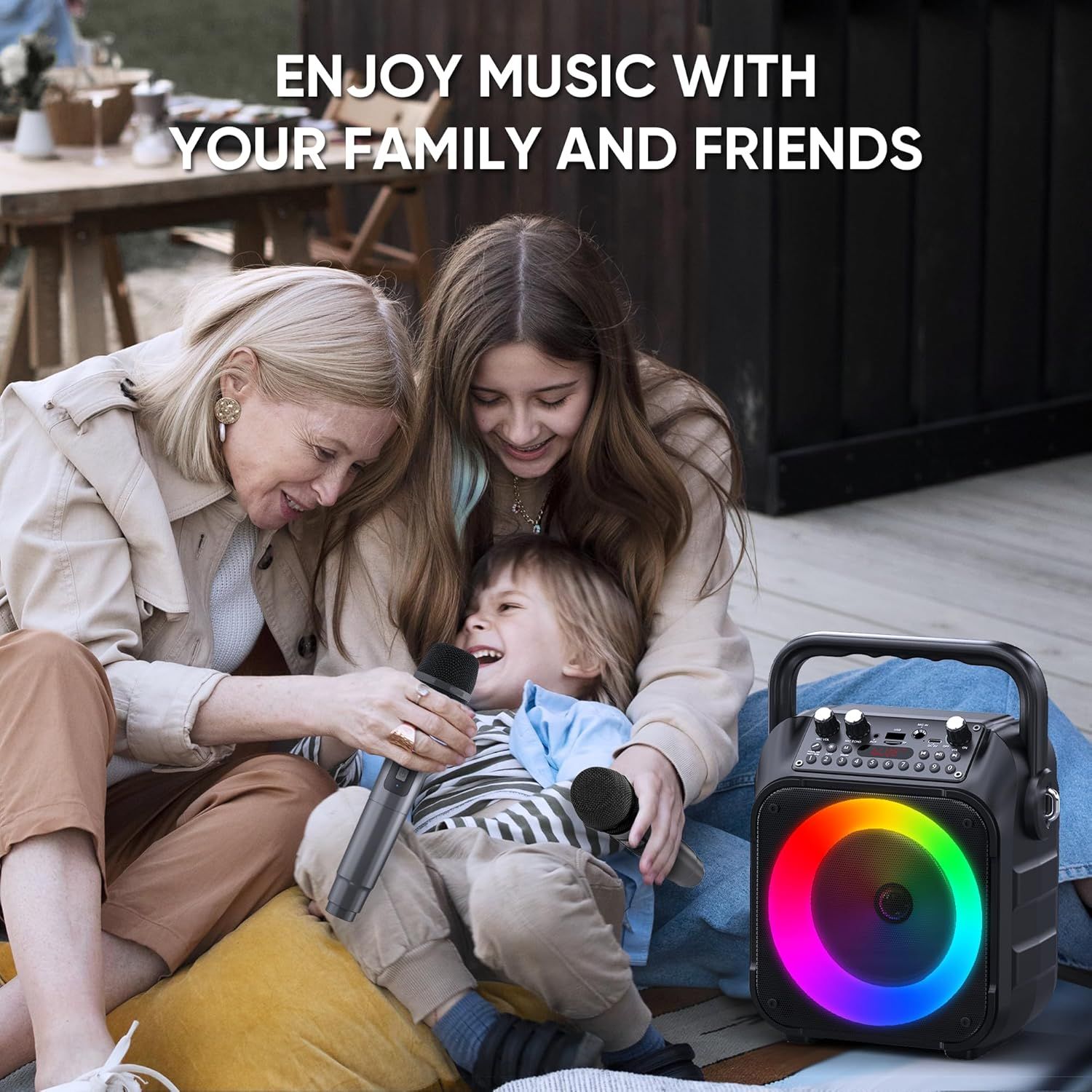 Demonstrates the product's use case for family bonding and social entertainment, showing how the karaoke speaker brings people together for fun musical experiences.