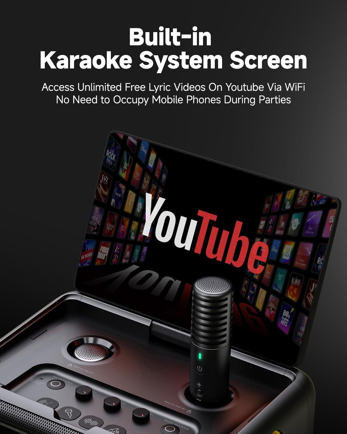 Communicates that the product has an integrated karaoke system with a screen that can access unlimited free lyric videos on YouTube via WiFi, eliminating the need to use mobile phones during parties.
