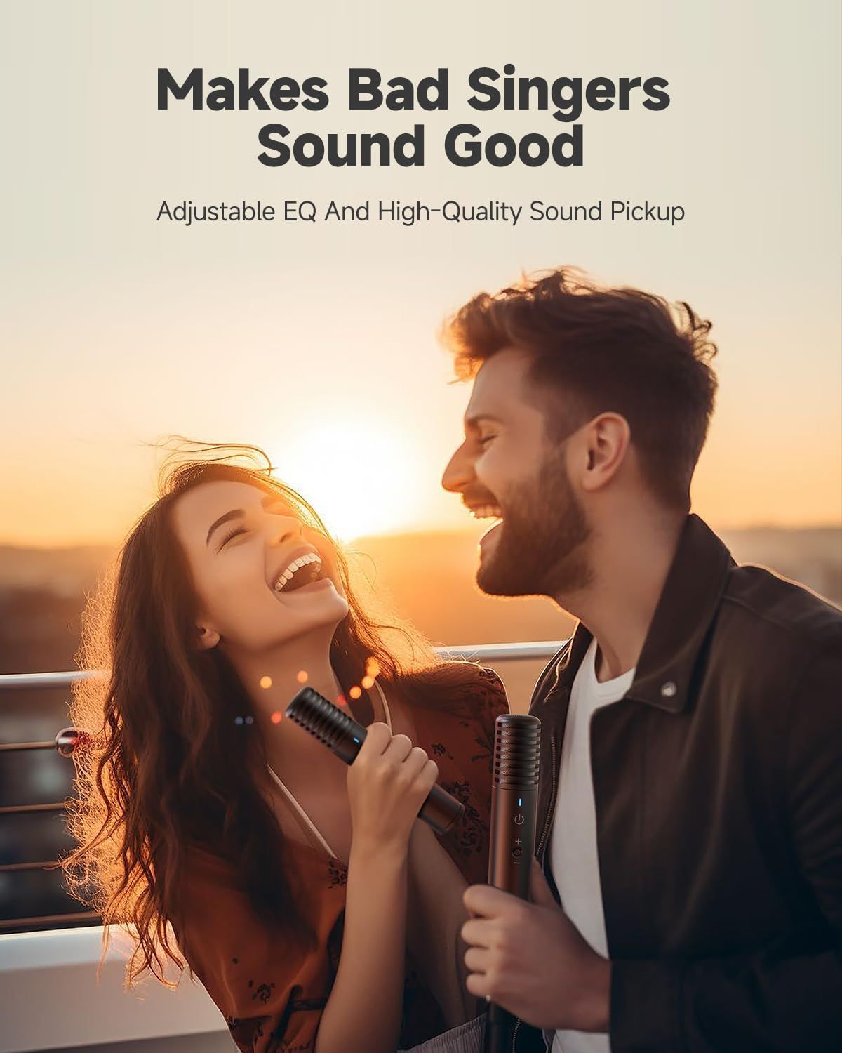 Communicates that the microphone product enhances vocal quality with adjustable EQ and high-quality sound pickup, making even amateur singers sound professional.