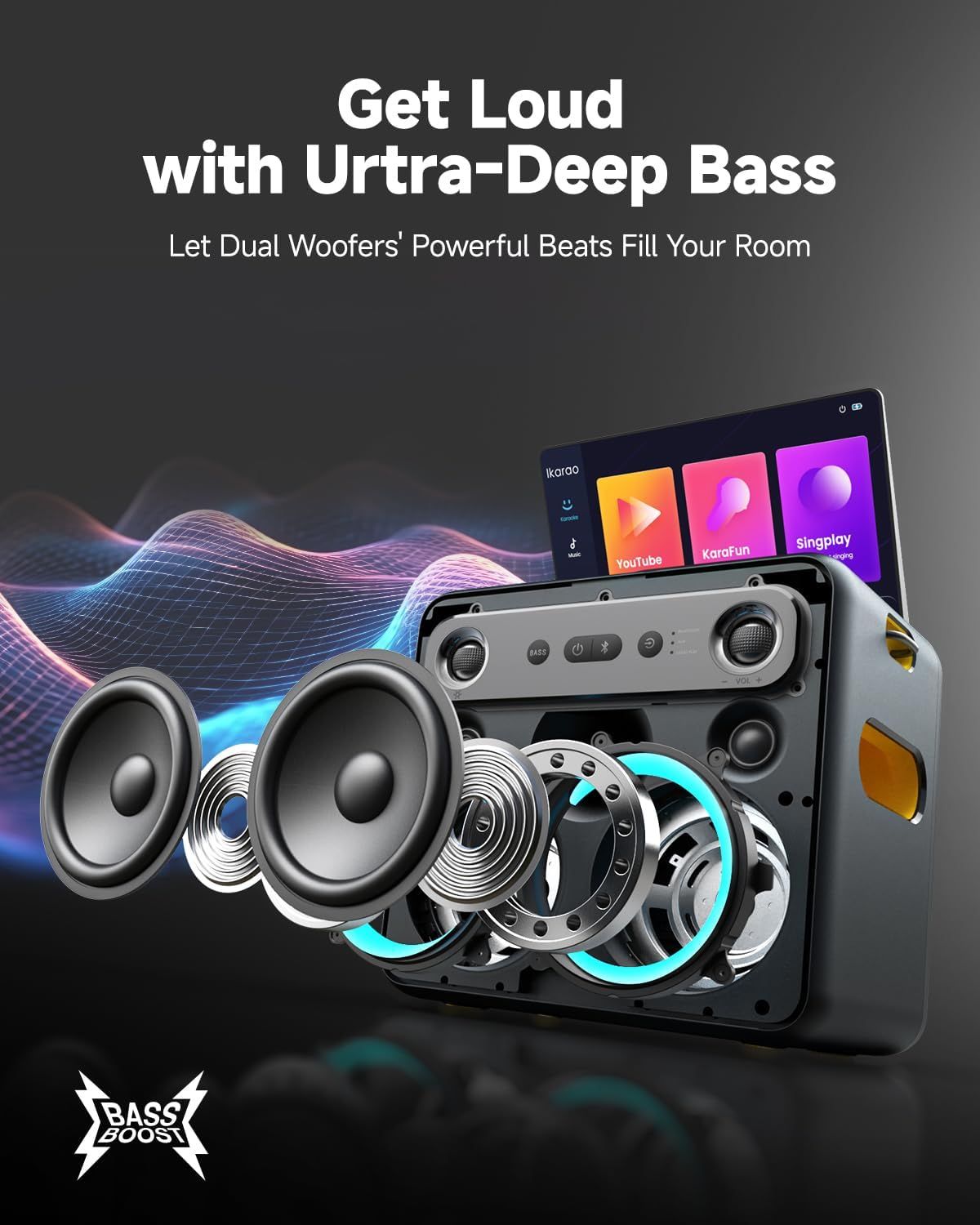 This image breaks down the internal audio architecture of the speaker, highlighting the dual woofer system and layered components to demonstrate the engineering behind the powerful bass performance.…