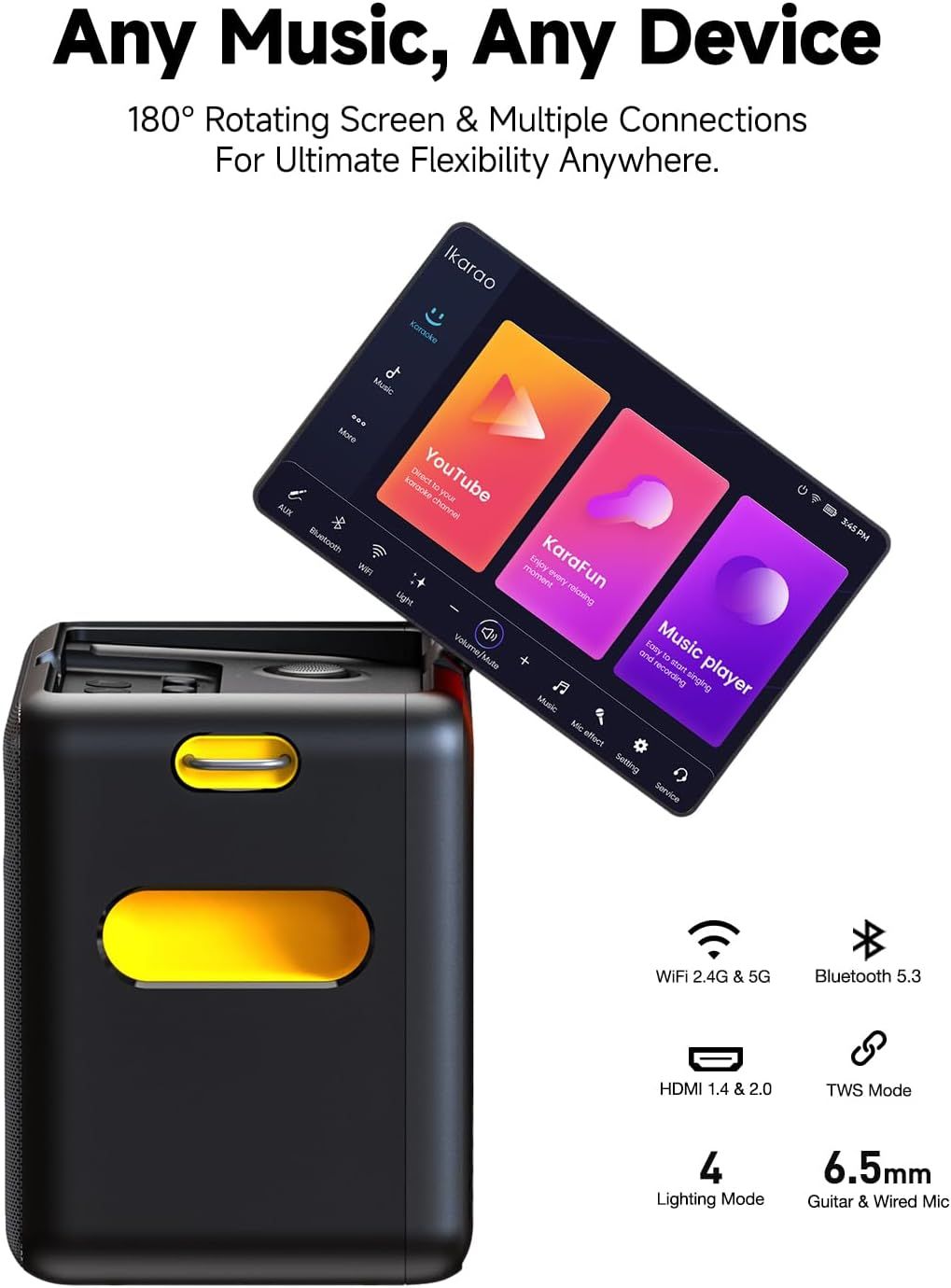 Showcases multiple features and connectivity options of the music device to demonstrate its versatility and compatibility with various devices and use cases.