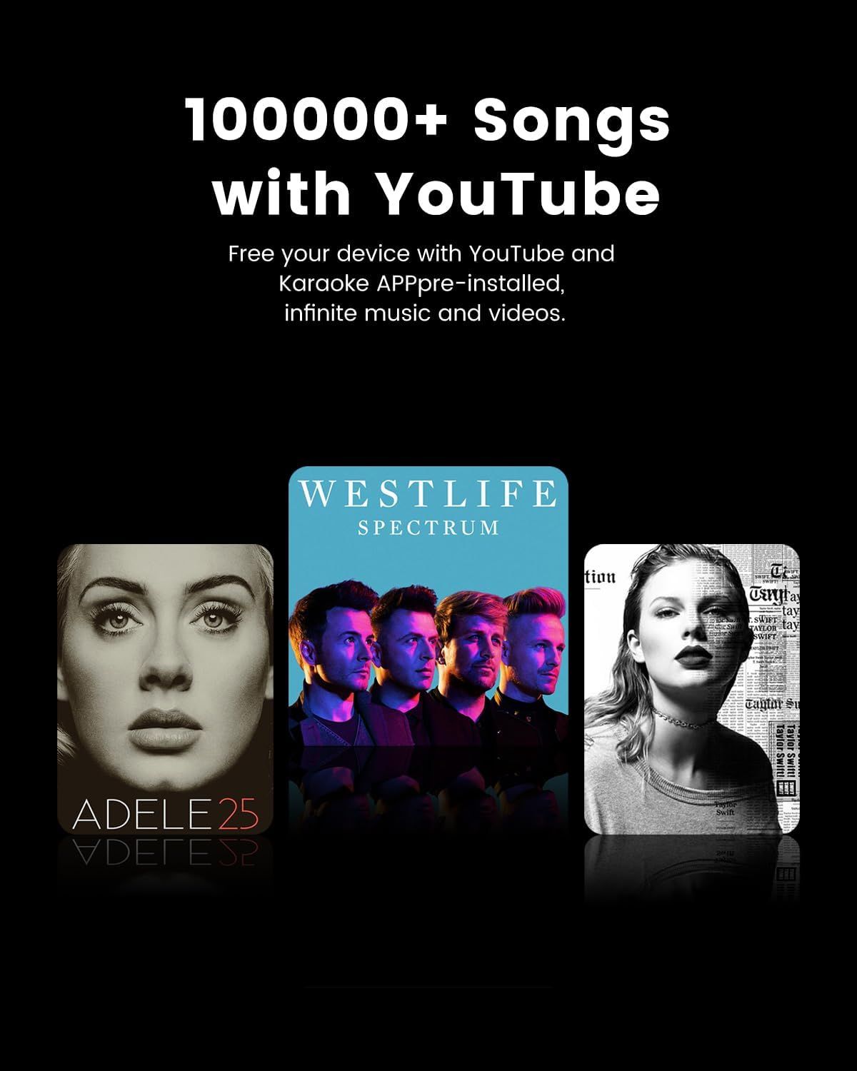 Communicates the vast music library available through YouTube and the pre-installed Karaoke app to reassure shoppers of unlimited entertainment options.