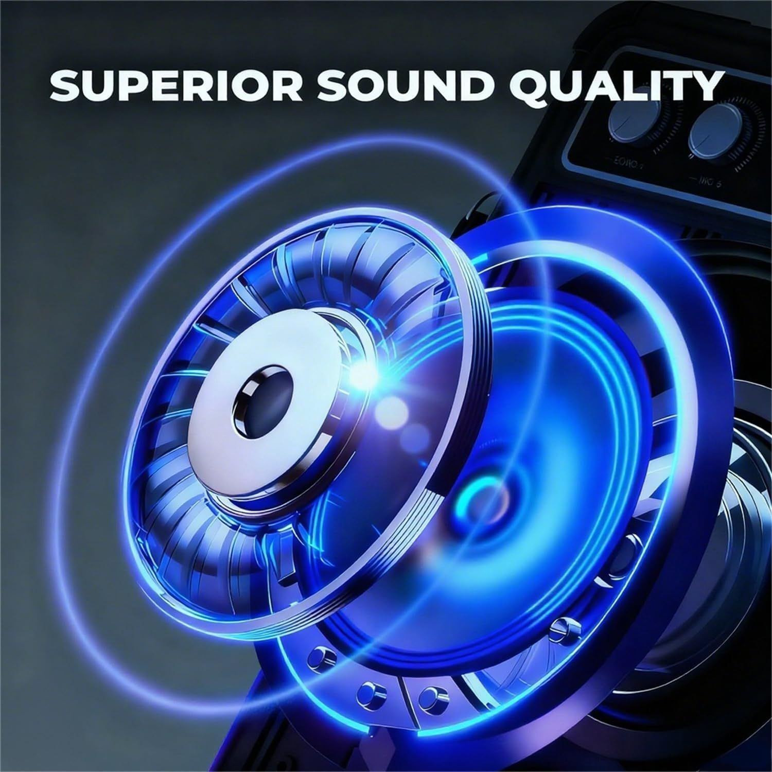 Communicates the premium audio performance of the product using visual metaphors of sound waves and speaker drivers to reassure shoppers of high-quality audio output.