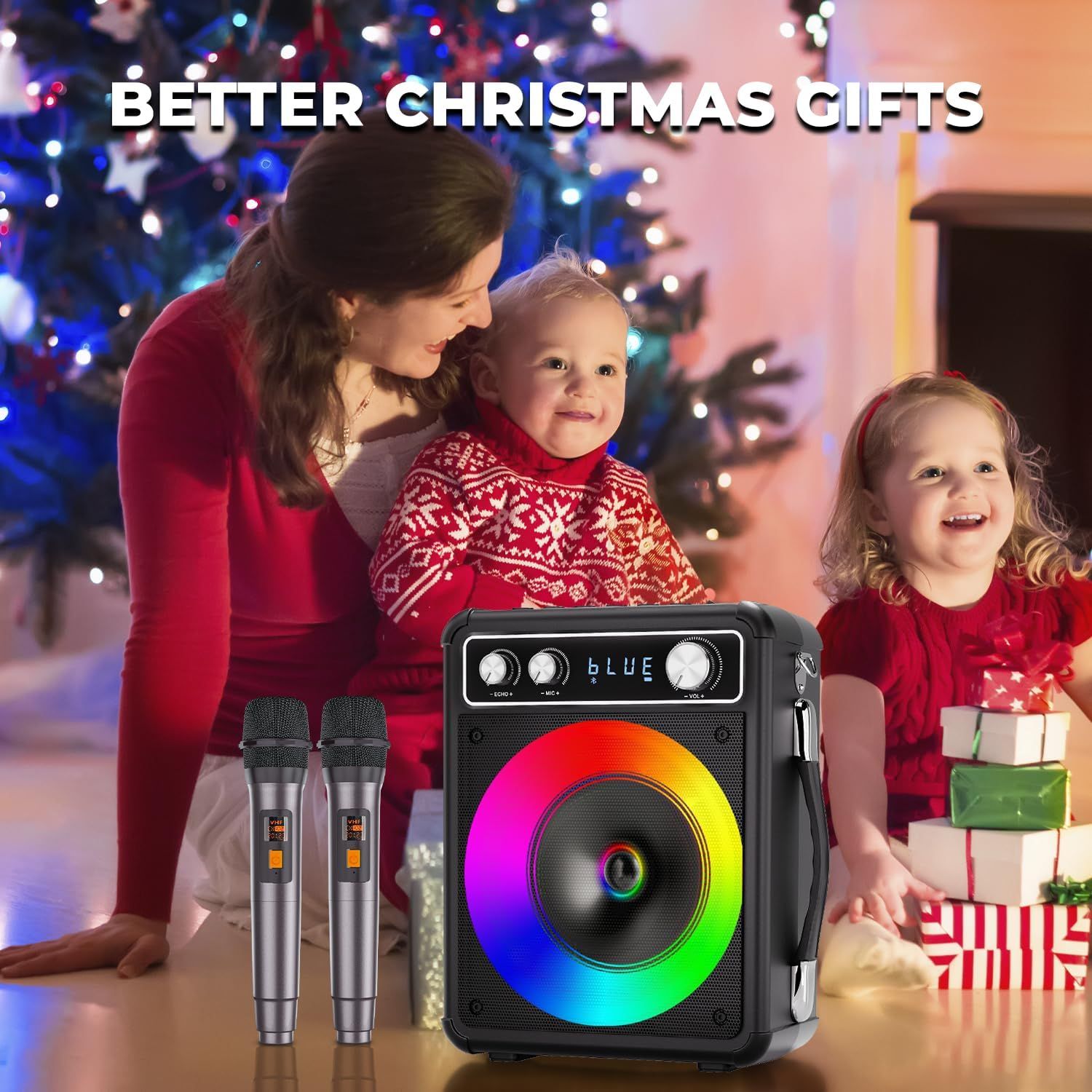 Positions the product as an ideal Christmas gift by showing it in a festive family setting with a decorated tree and holiday atmosphere.