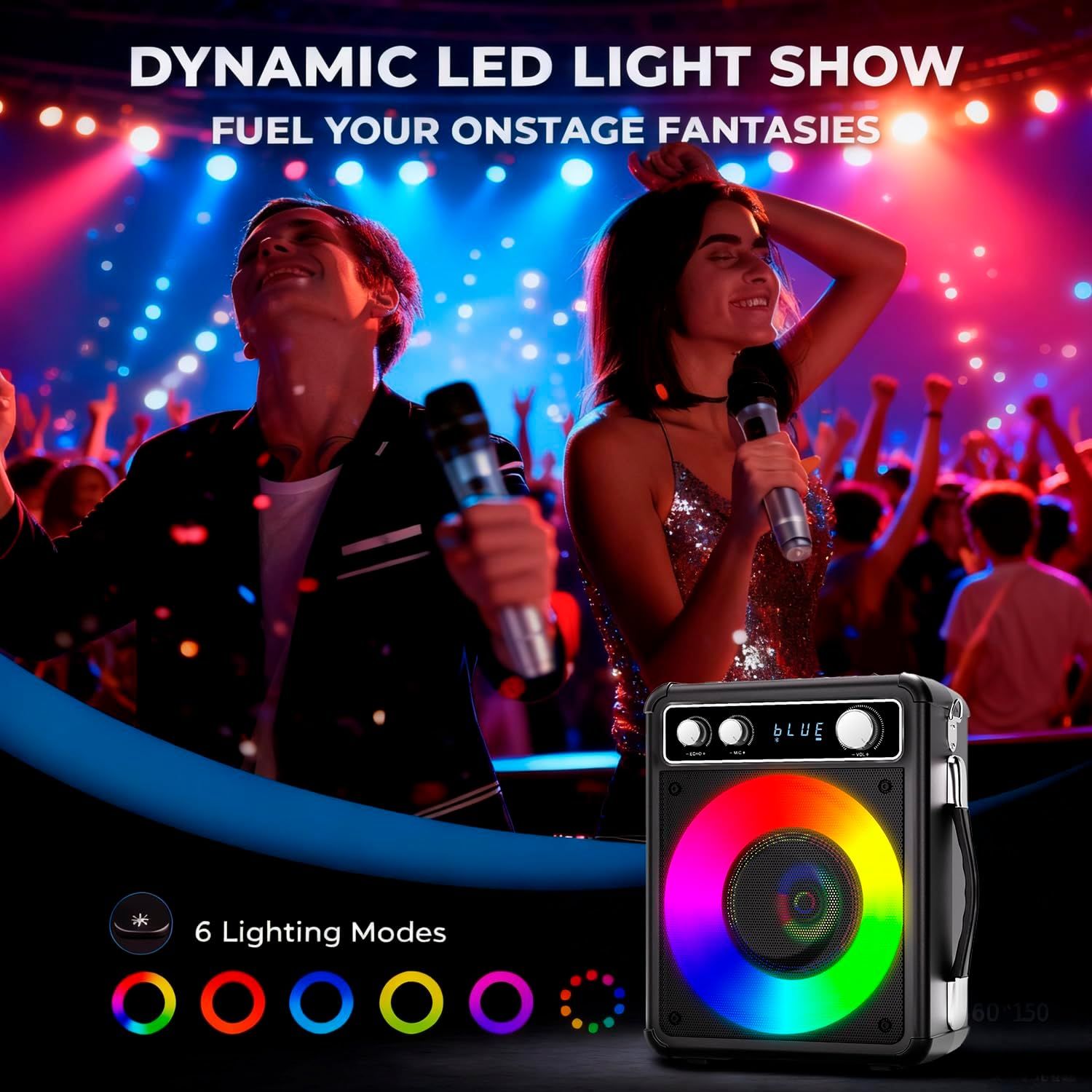 Highlights the speaker's dynamic LED light show feature with multiple lighting modes to communicate its entertainment value and ability to create an exciting party atmosphere.