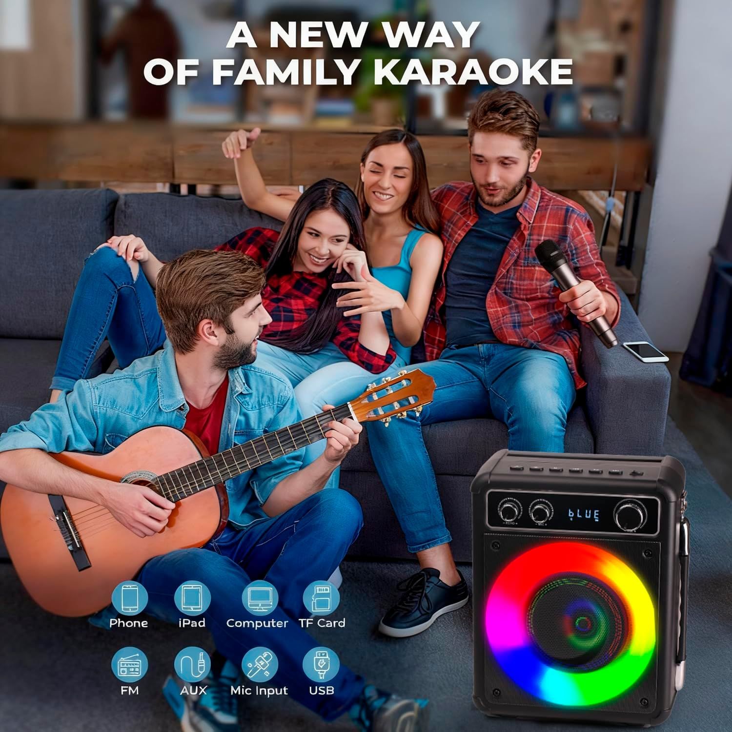 Demonstrates the product's use for family entertainment and karaoke, showing it as a social activity device that brings people together. Shows the product is compatible with multiple devices and…