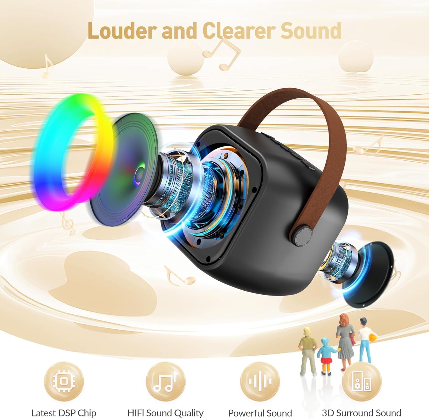 Shows the exploded view of the speaker's internal components to demonstrate the advanced audio technology and build quality that delivers louder and clearer sound. Communicates multiple audio…