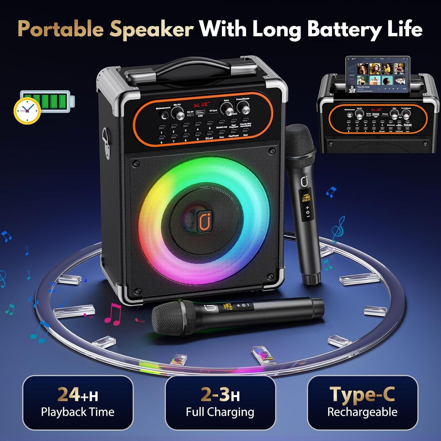 Communicates multiple key benefits of the portable speaker including 24+ hour playback time, 2-3 hour fast charging capability, and Type-C rechargeability to…