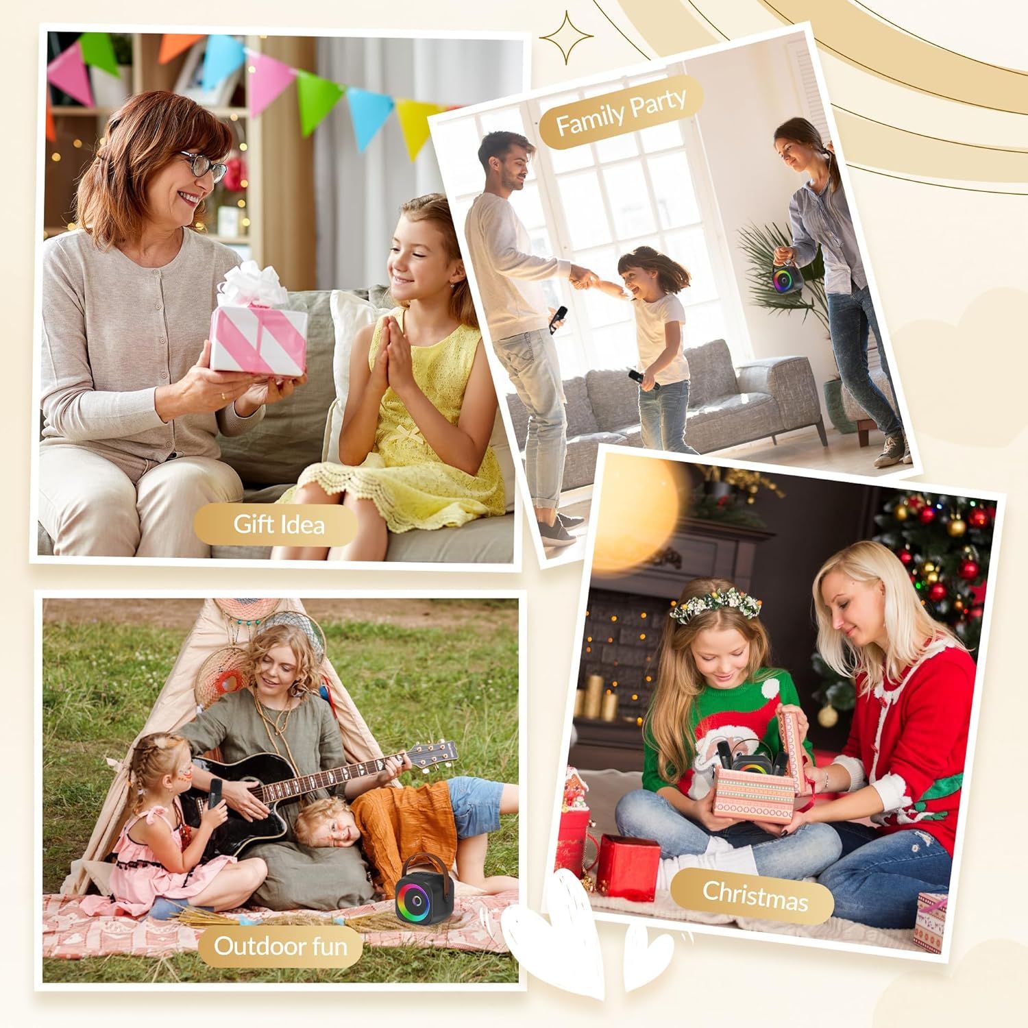 Demonstrates the versatility of the product by showing it can be used in multiple scenarios including gift-giving, family gatherings, outdoor activities, and holiday celebrations.