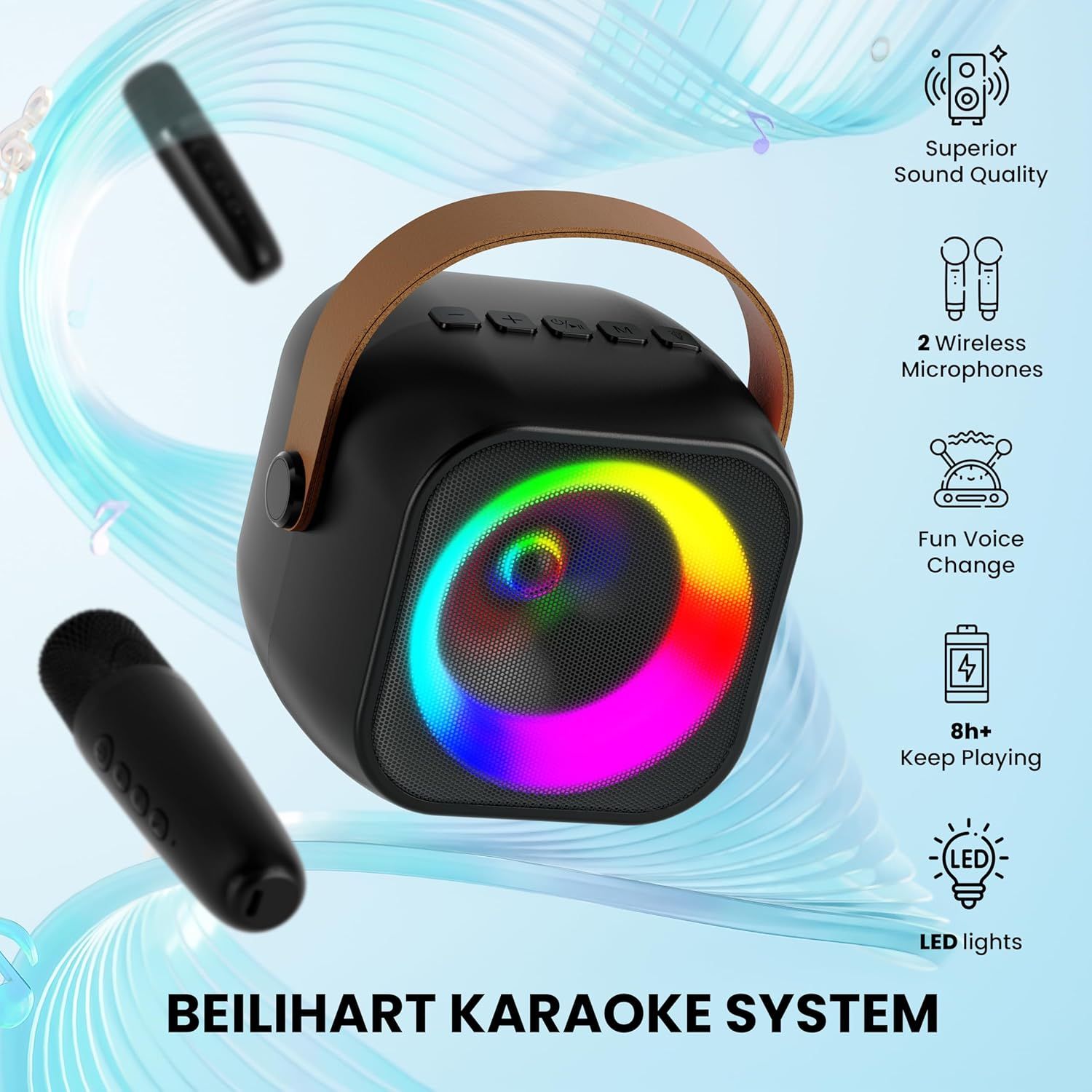 Showcases multiple key features of the karaoke system including sound quality, wireless microphones, voice effects, battery life, and LED lighting to demonstrate the product's versatility and…