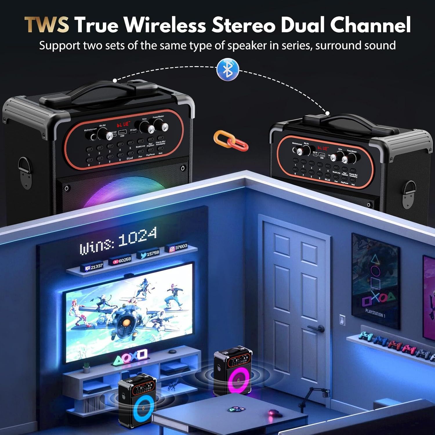 Communicates that the product supports wireless pairing of two speakers to create surround sound, demonstrating the dual channel connectivity feature for an…