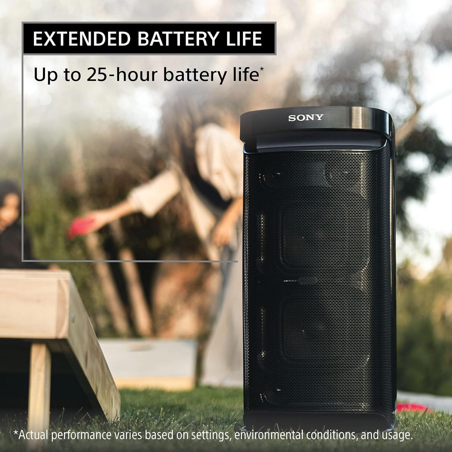 Communicates that the Sony speaker offers up to 25 hours of battery life, reassuring shoppers they can use it for extended periods without recharging.