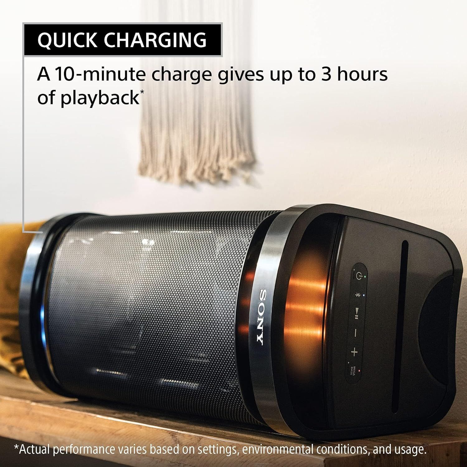 Communicates the fast charging capability of the speaker, reassuring shoppers that a short 10-minute charge provides up to 3 hours of playback time.