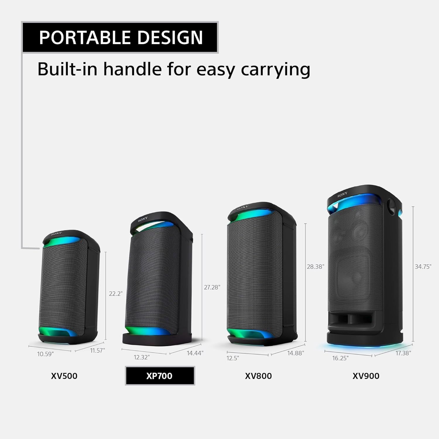 Shows the exact dimensions of four different speaker models to help shoppers understand the physical size differences and choose the right model for their…