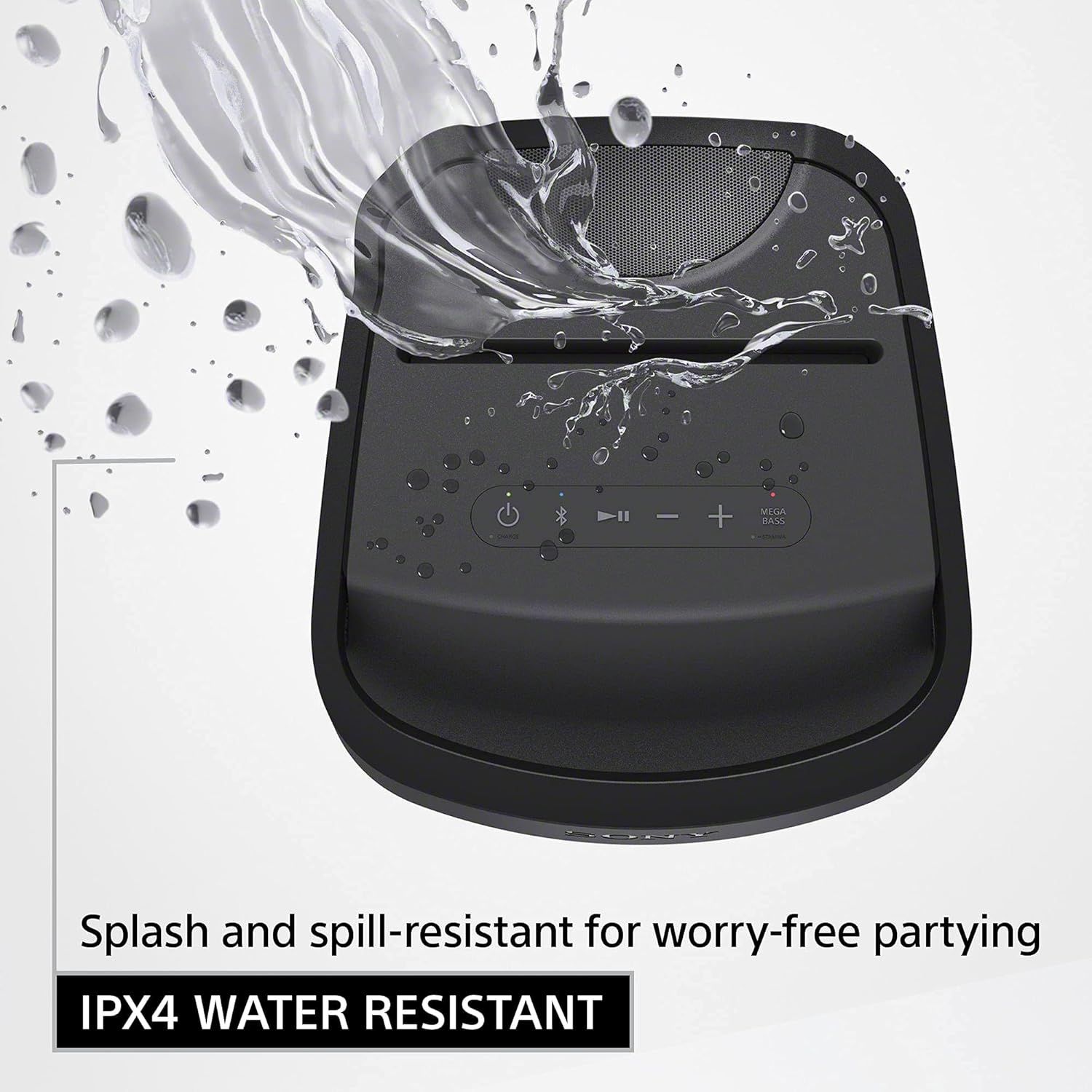 Communicates that the speaker is splash and spill-resistant, reassuring shoppers they can use it worry-free at parties or outdoor events.