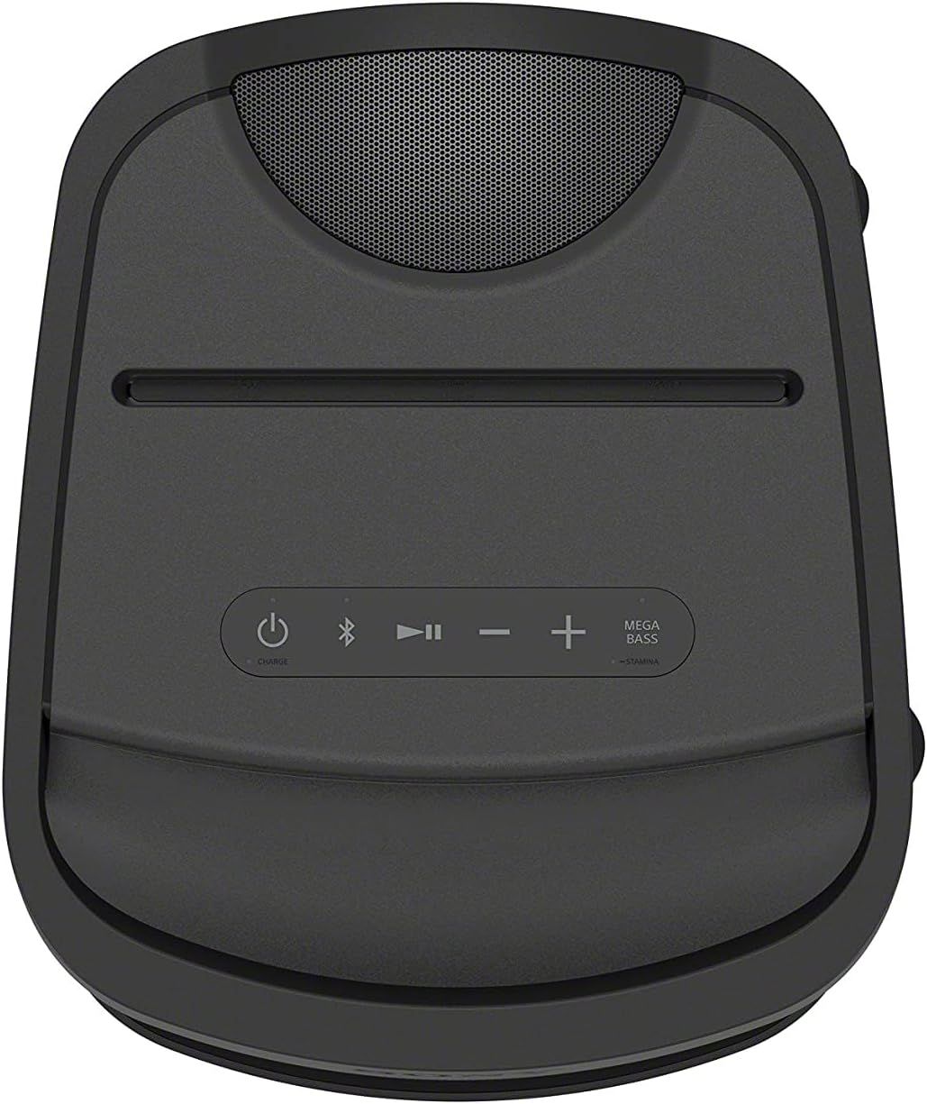 Shows the physical design and control interface of the speaker, highlighting the mesh speaker grille, button controls, and connectivity features to help shoppers understand the product's layout and…